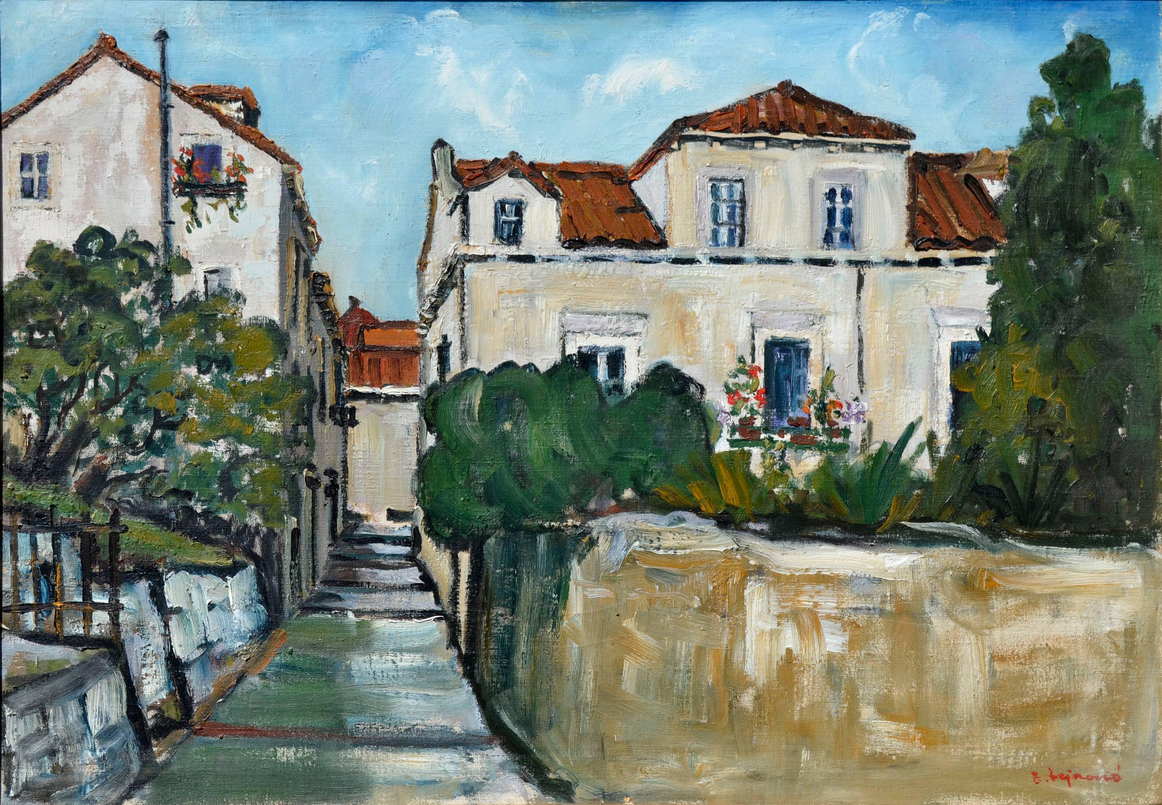 Mid Century Tuscany Village Landschaft – Painting von Unknown