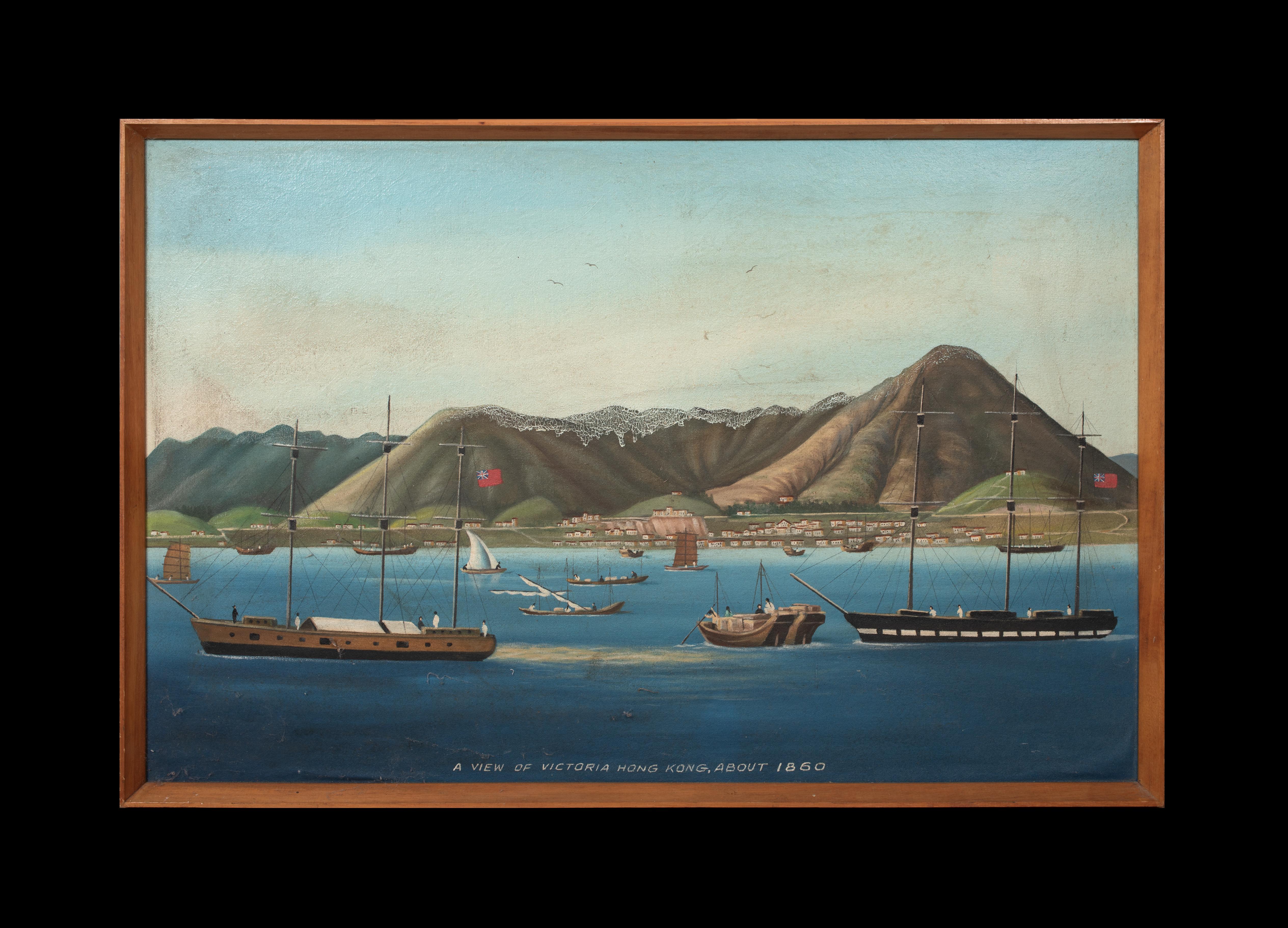 Navi commerciali al largo del porto di Victoria, Hong Kong, 1860  Scuola cinese del XIX secolo - Painting di Unknown