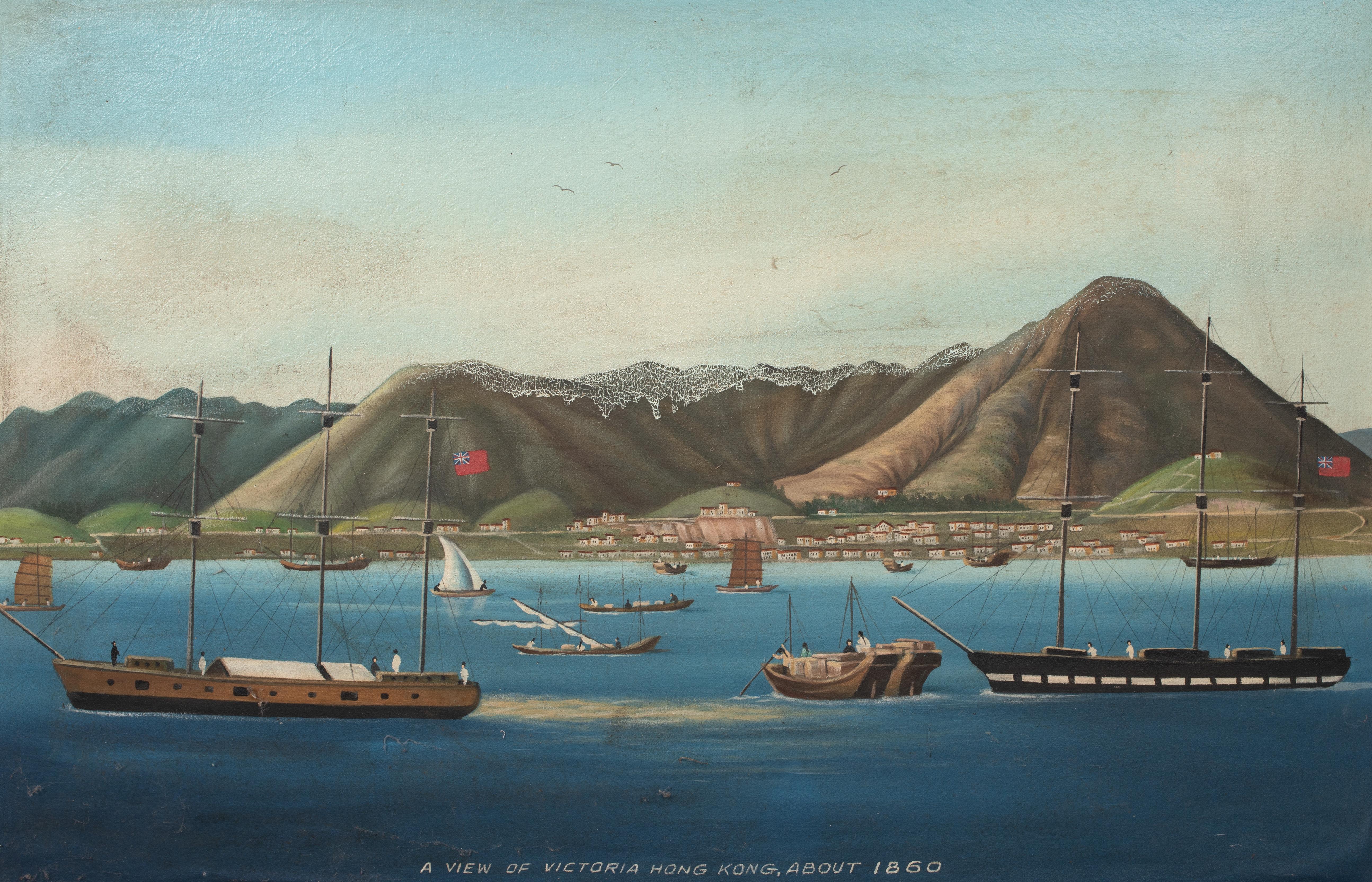 Navi commerciali al largo del porto di Victoria, Hong Kong, 1860  Scuola cinese del XIX secolo - Landscape Painting Grigio di Unknown