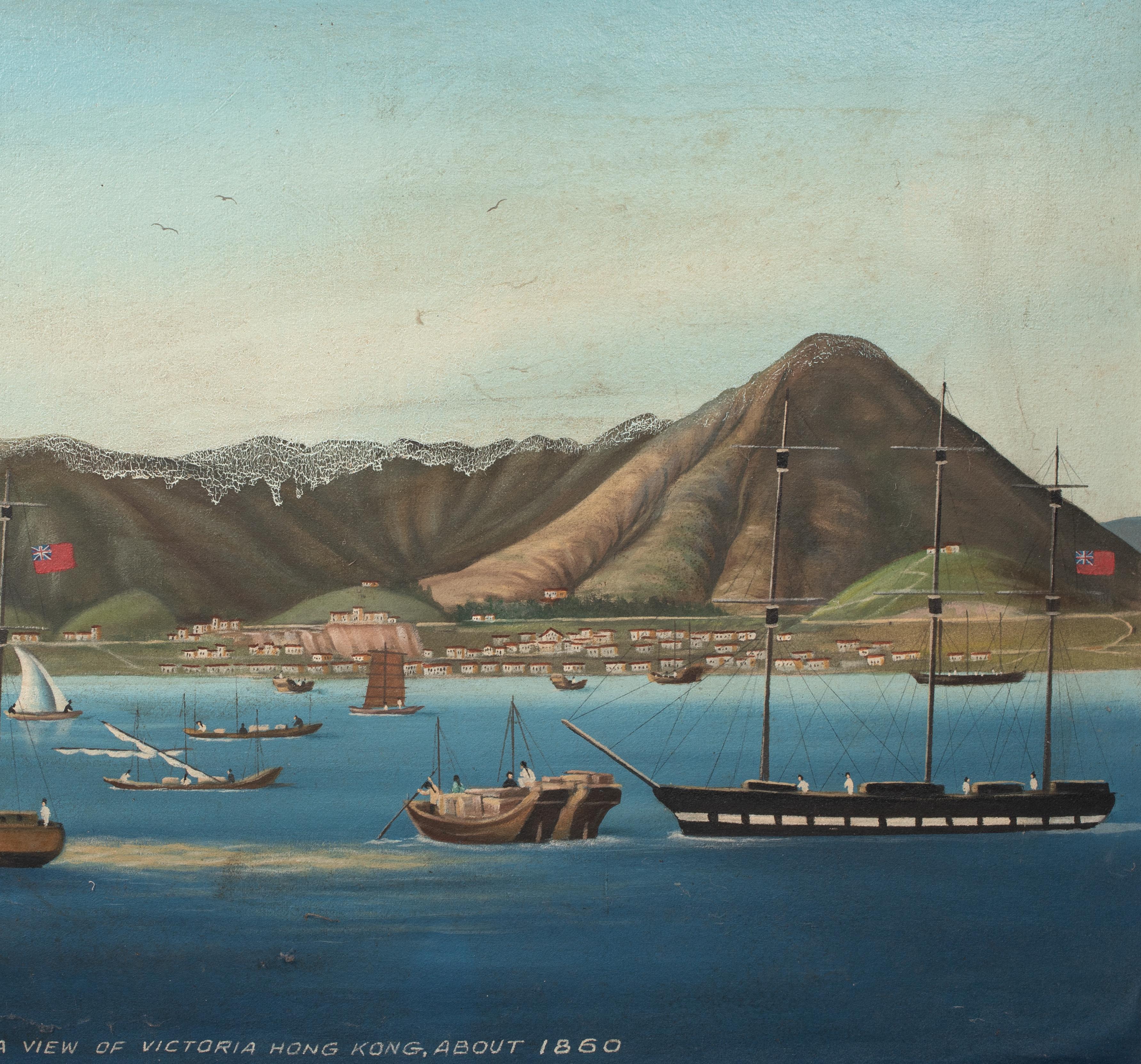 Navi commerciali al largo del porto di Victoria, Hong Kong, 1860  Scuola cinese del XIX secolo in vendita 2