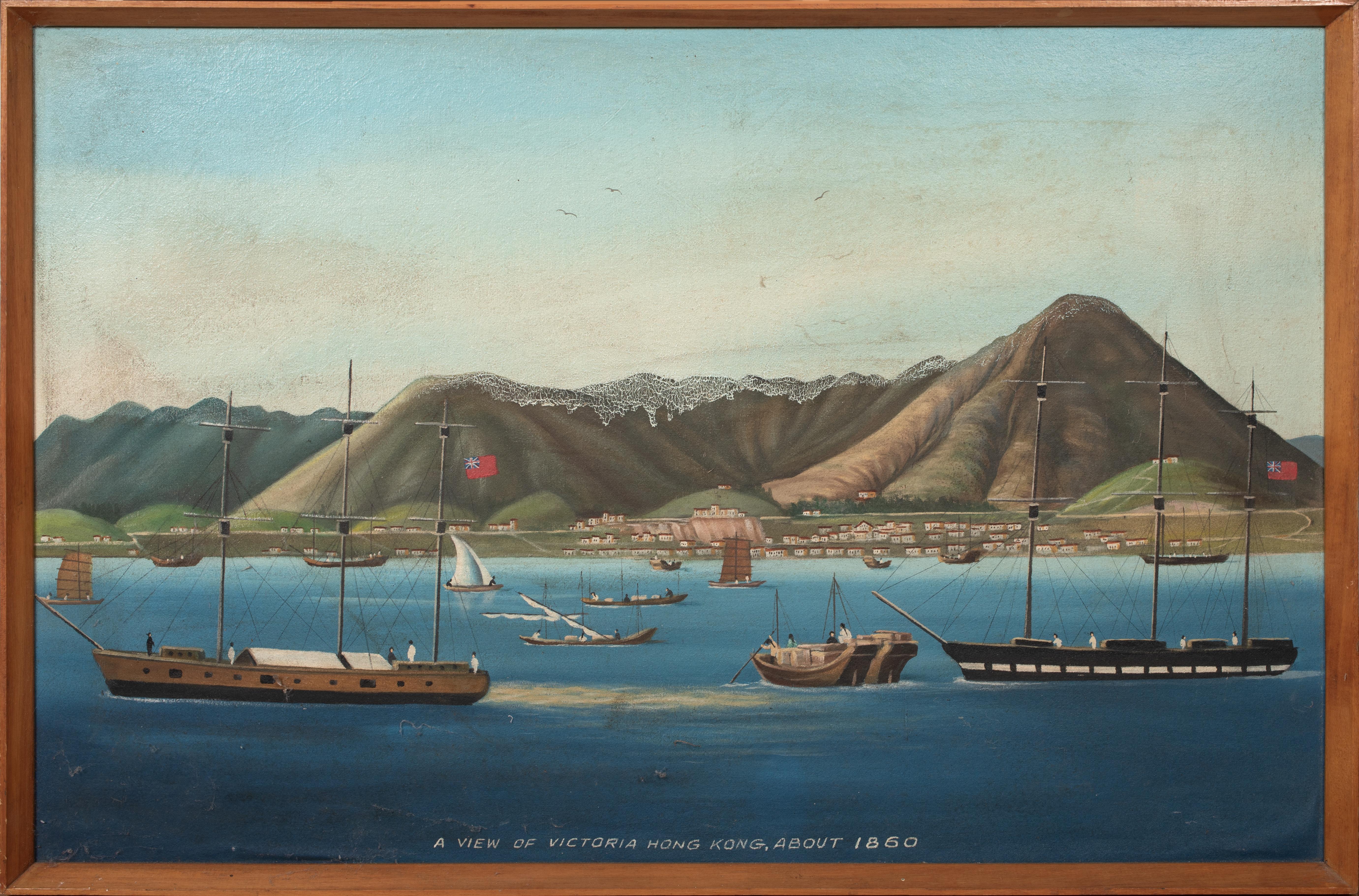 Landscape Painting di Unknown - Navi commerciali al largo del porto di Victoria, Hong Kong, 1860  Scuola cinese del XIX secolo