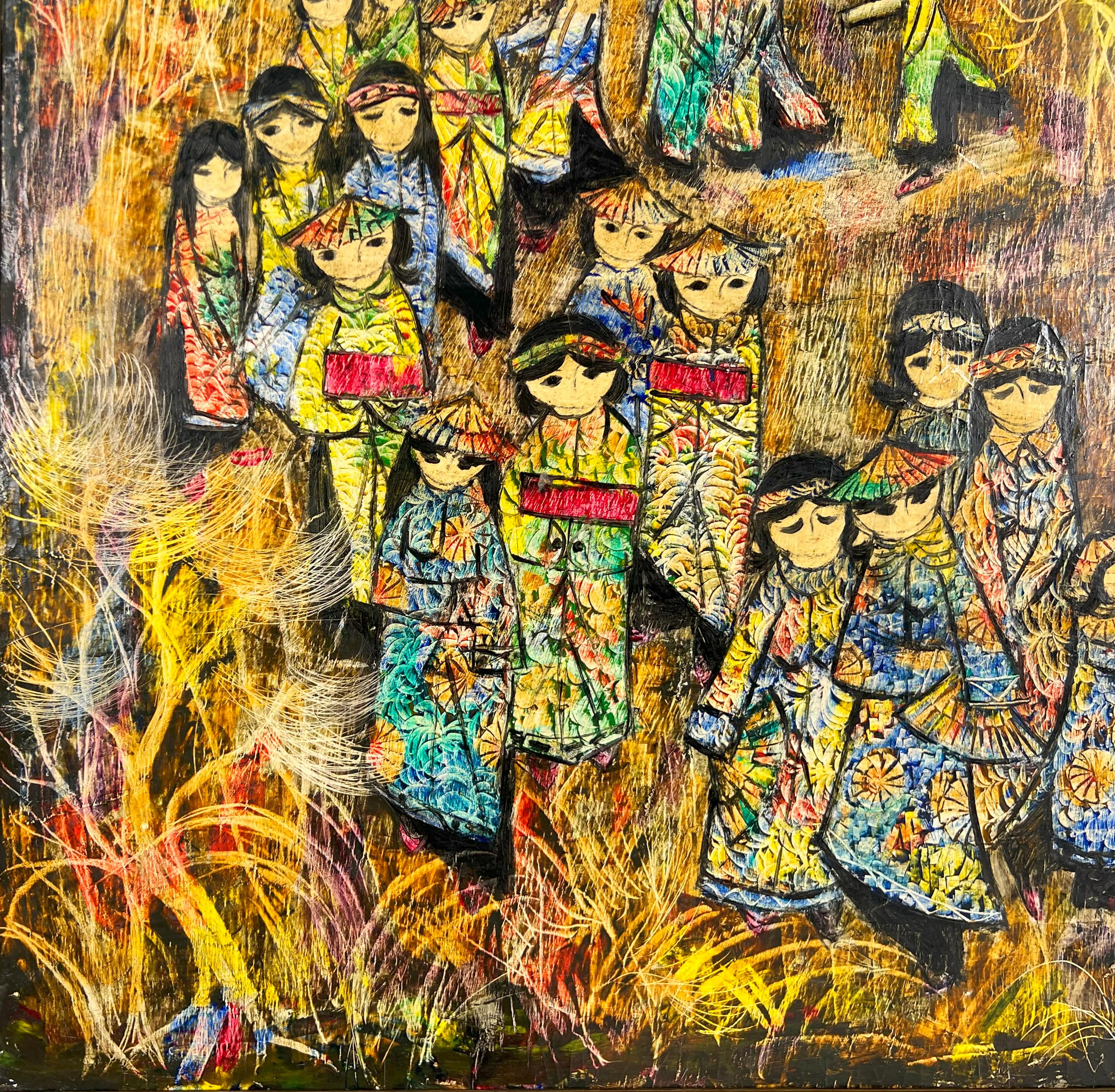 Traditional Celebration and Costumes Japan or Okinawa 
Oil painting on illustration board of Japanese Ryukyu or Okinawa Island festival goers by and unknown artist. 
Elegantly dressed villagers with canopies and Hats. Floral Kimonos with traditional