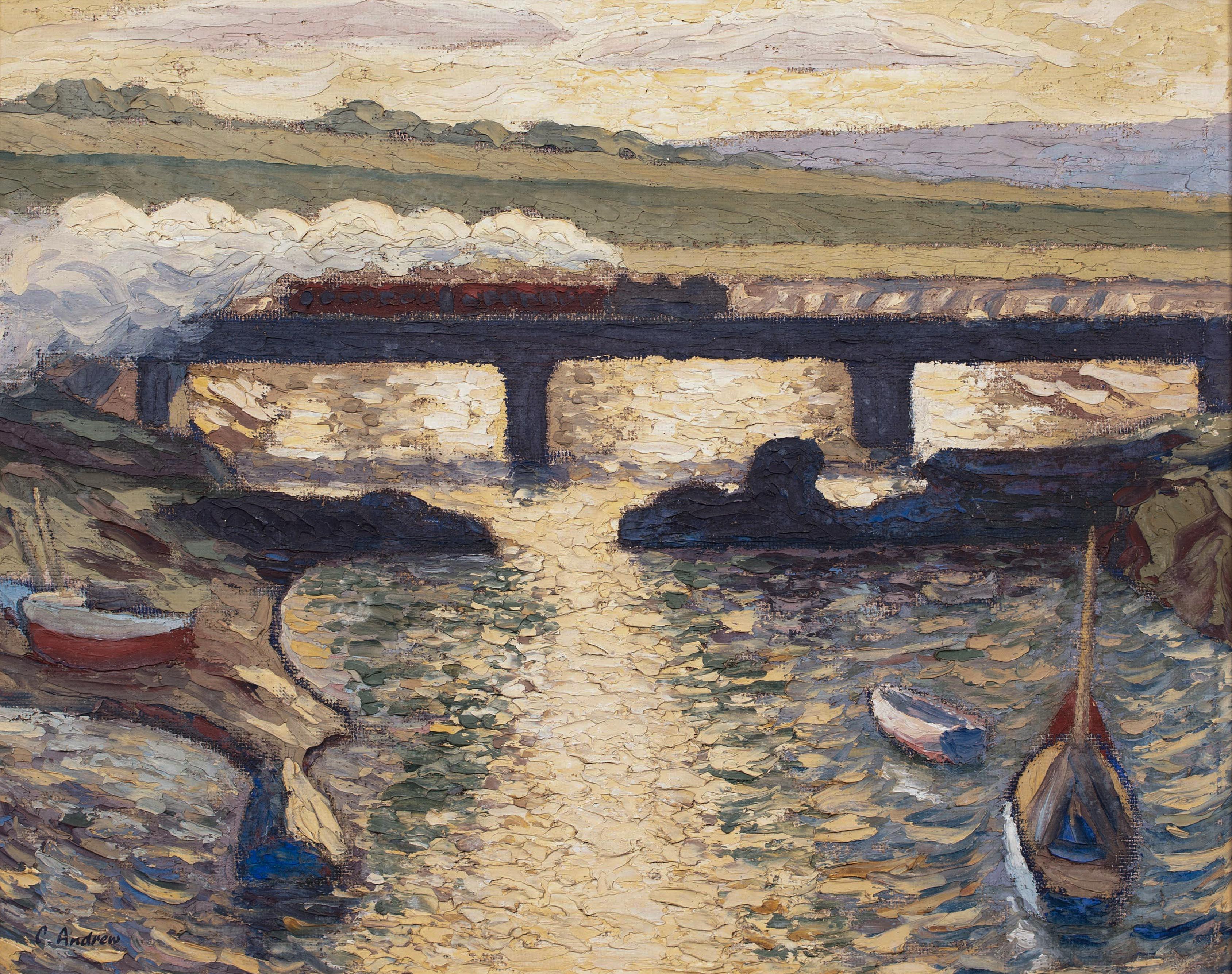 Train & Boats At Sunset, circa 1930  by Charles ANDREW RWA - Brown Landscape Painting by Unknown