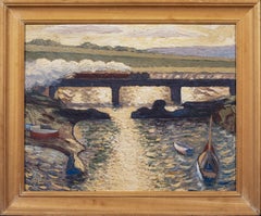 Train & Boats bei Sonnenuntergang, um 1930 Charles ANDREW RWA, RWA
