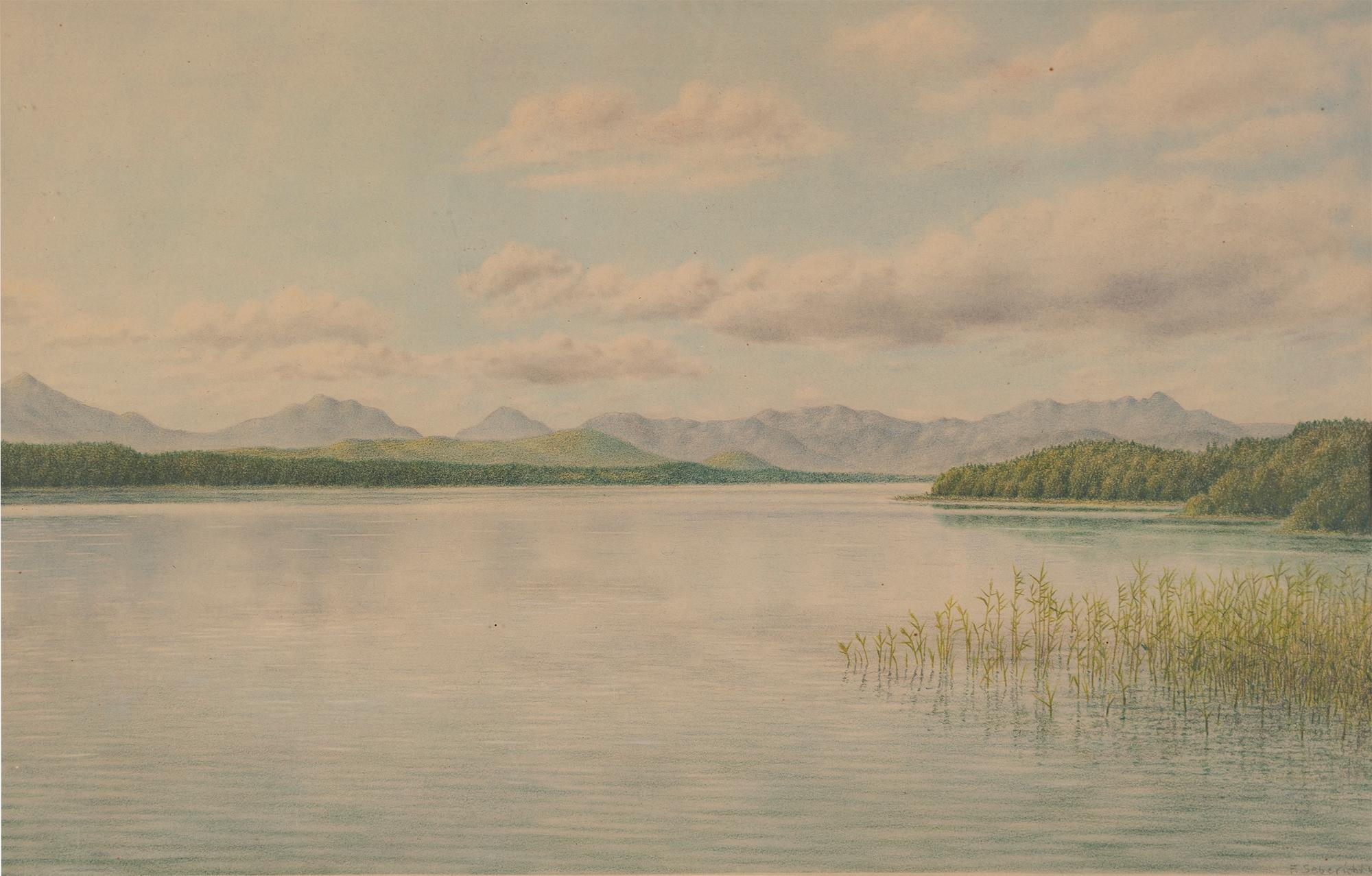 Tranquil Lake Landscape, antikes Original-Panoramik-Sommergemälde aus dem 19. Jahrhundert (Beige), Landscape Painting, von Unknown