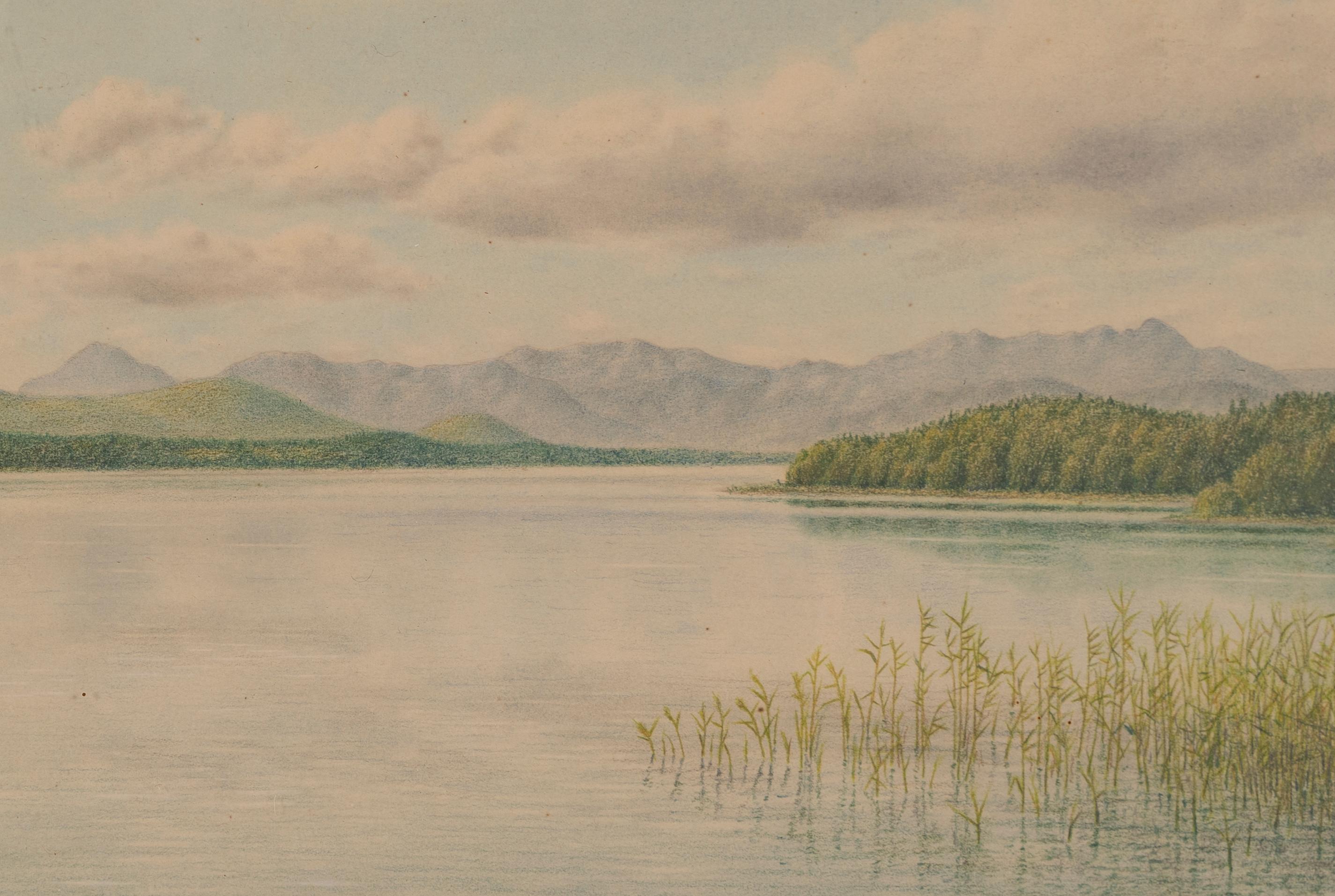 Tranquil Lake Landscape Antique 19th Century Original Panoramic Summer Painting - Beige Landscape Painting by Unknown