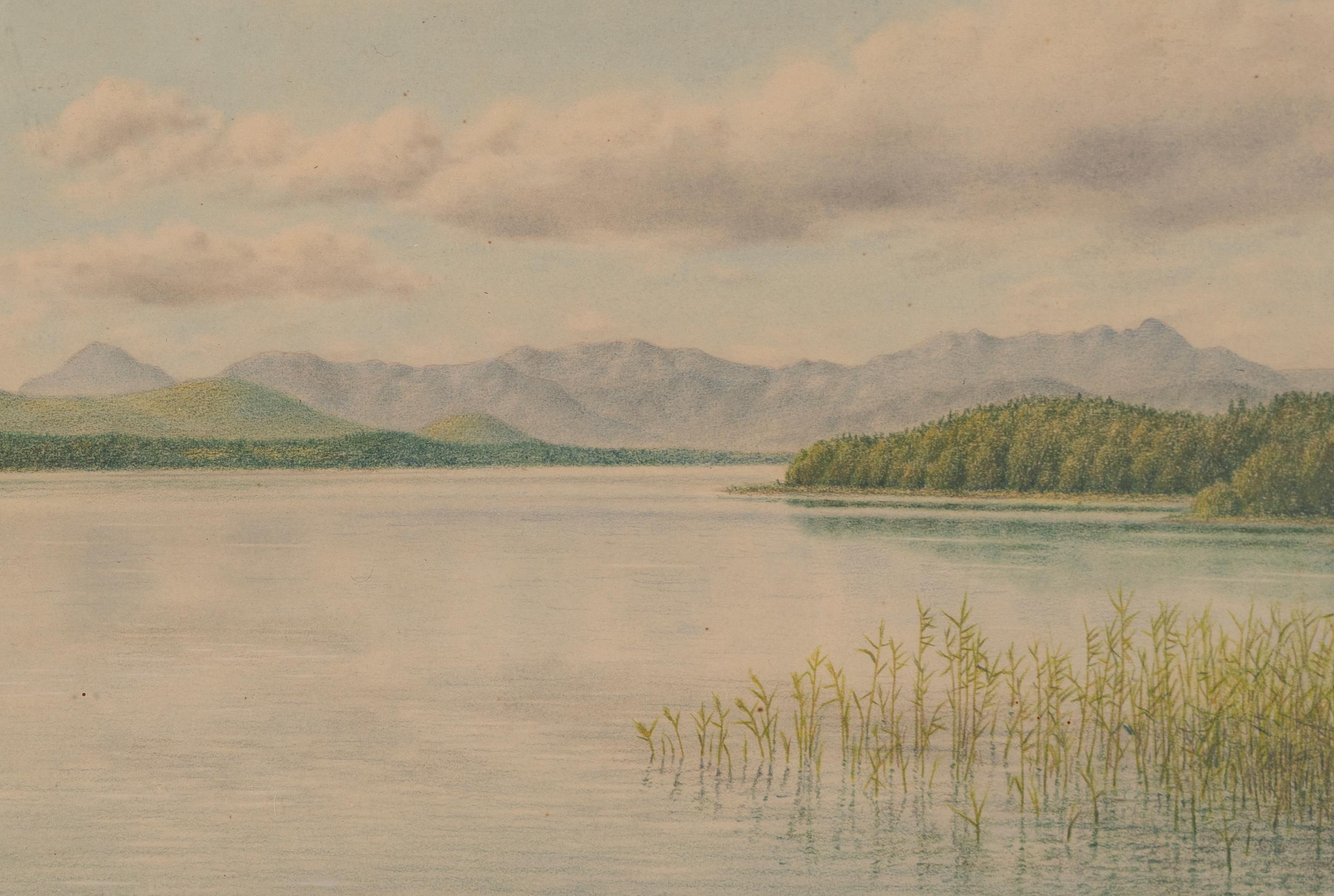 Antique panoramic landscape painting.  Watercolor and gouache on board, circa 1900.  Unterschrieben.  Image size, 17L x 11H.  Housed in a period giltwood frame.