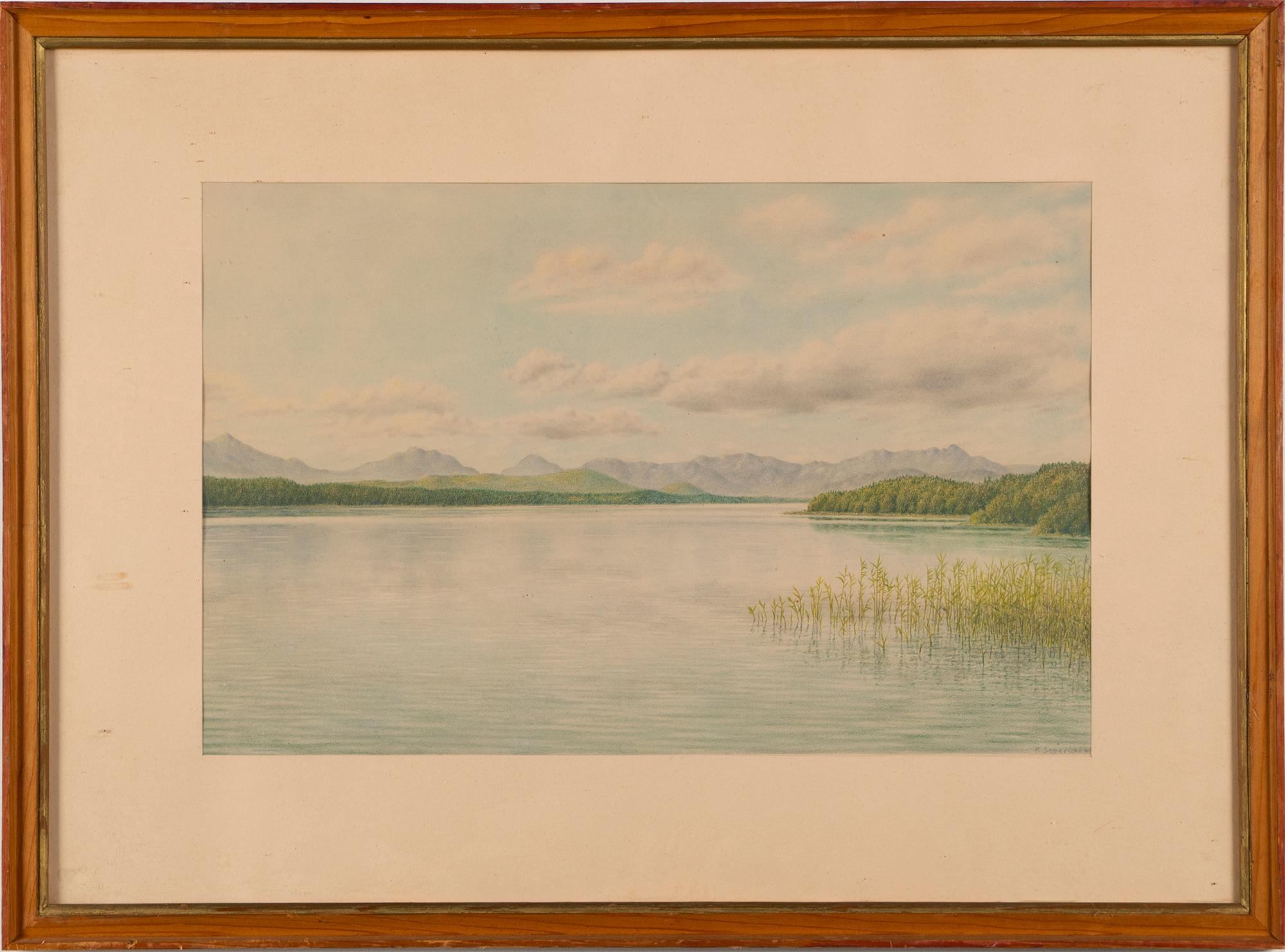 Tranquil Lake Landscape Antique 19th Century Original Panoramic Summer Painting