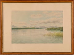 Tranquil Lake Landscape Antique 19th Century Original Panoramic Summer Painting