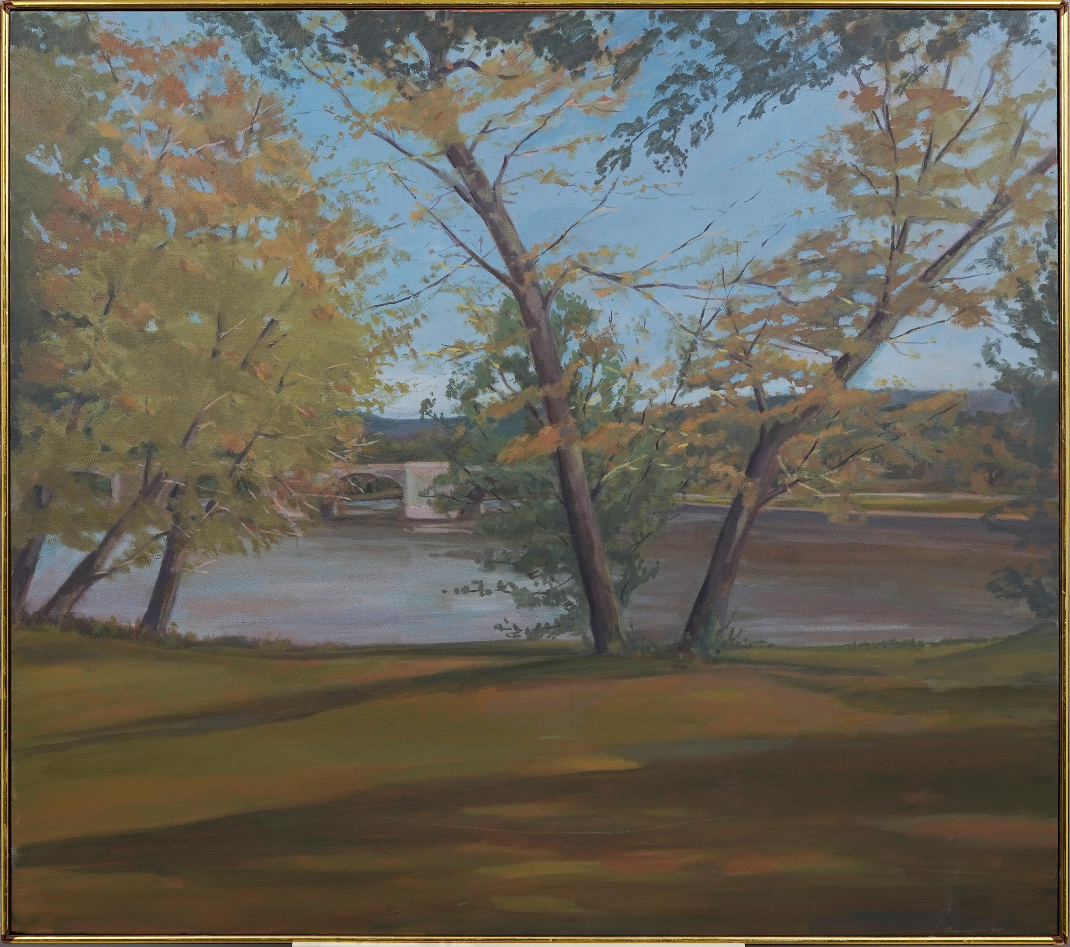 Unknown Landscape Painting – Tranquil Serene Amerikanisches gerahmtes Original-Vintage-Modernistisches Landschaftsgemälde, Vintage