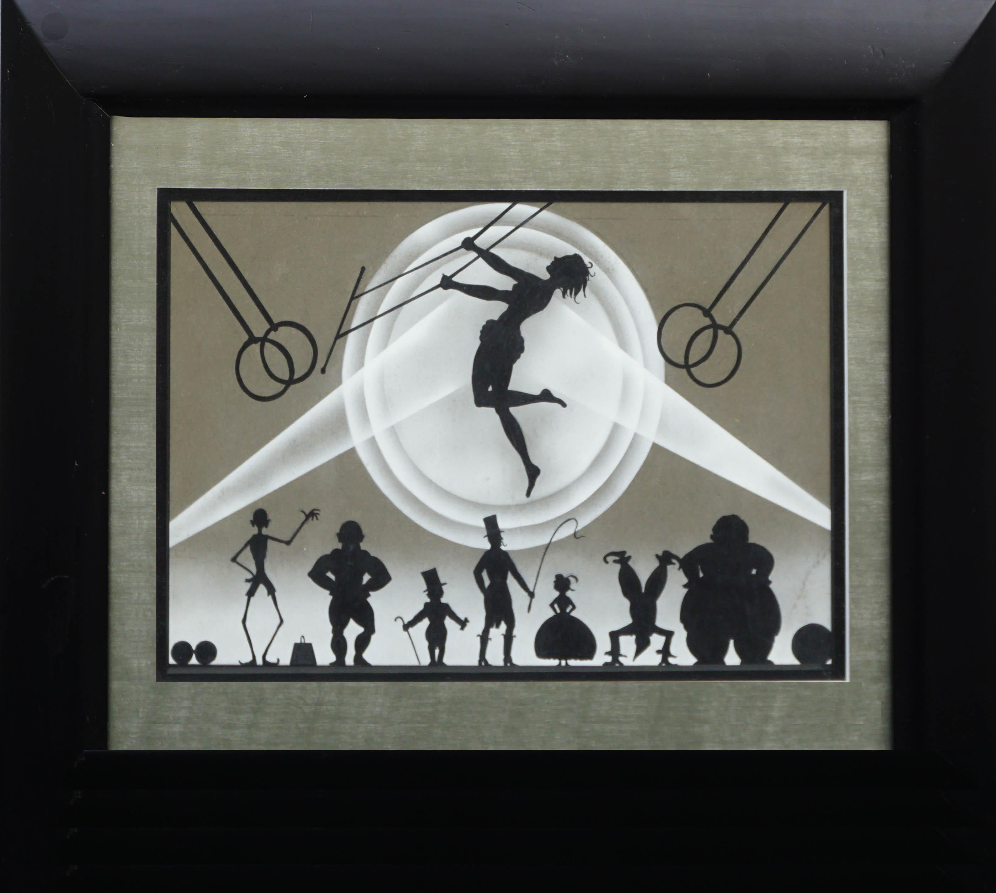 Unknown Figurative Painting - Mid Century Trapeze Artist Circus Silhouette 