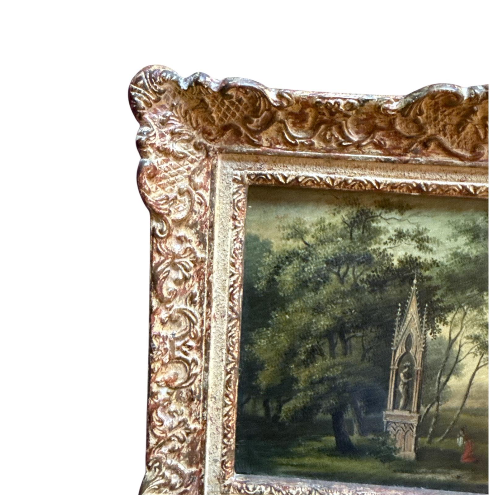 This finely executed oil on the panel is attributed to the Dutch School in the late 18th century and represents that period's elegance and naturalistic style. Titled “Travellers at the Roadside Shrine”, the scene captures two figures pausing at a