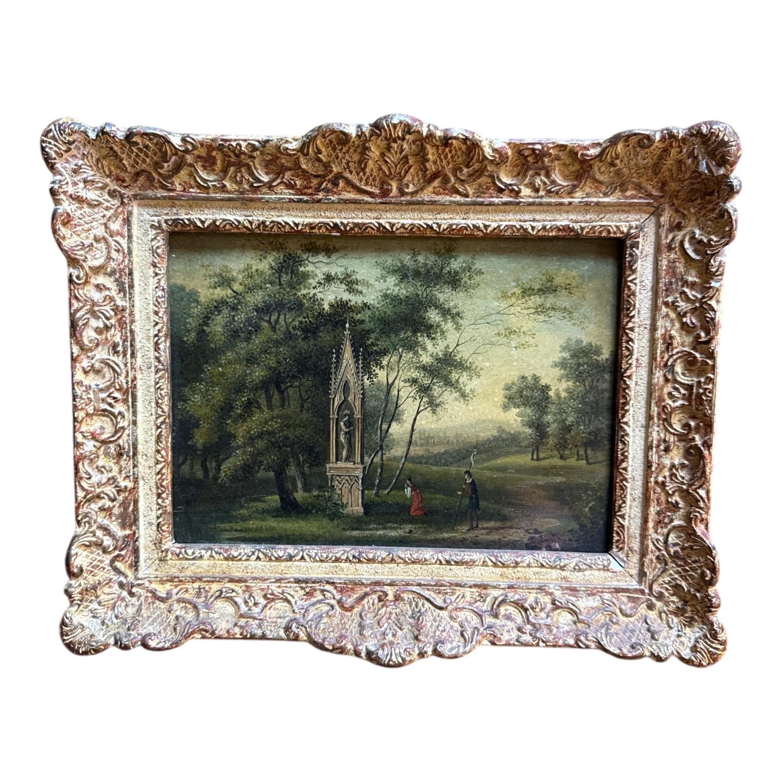 Travellers at the Roadside Shrine - Painting by Unknown