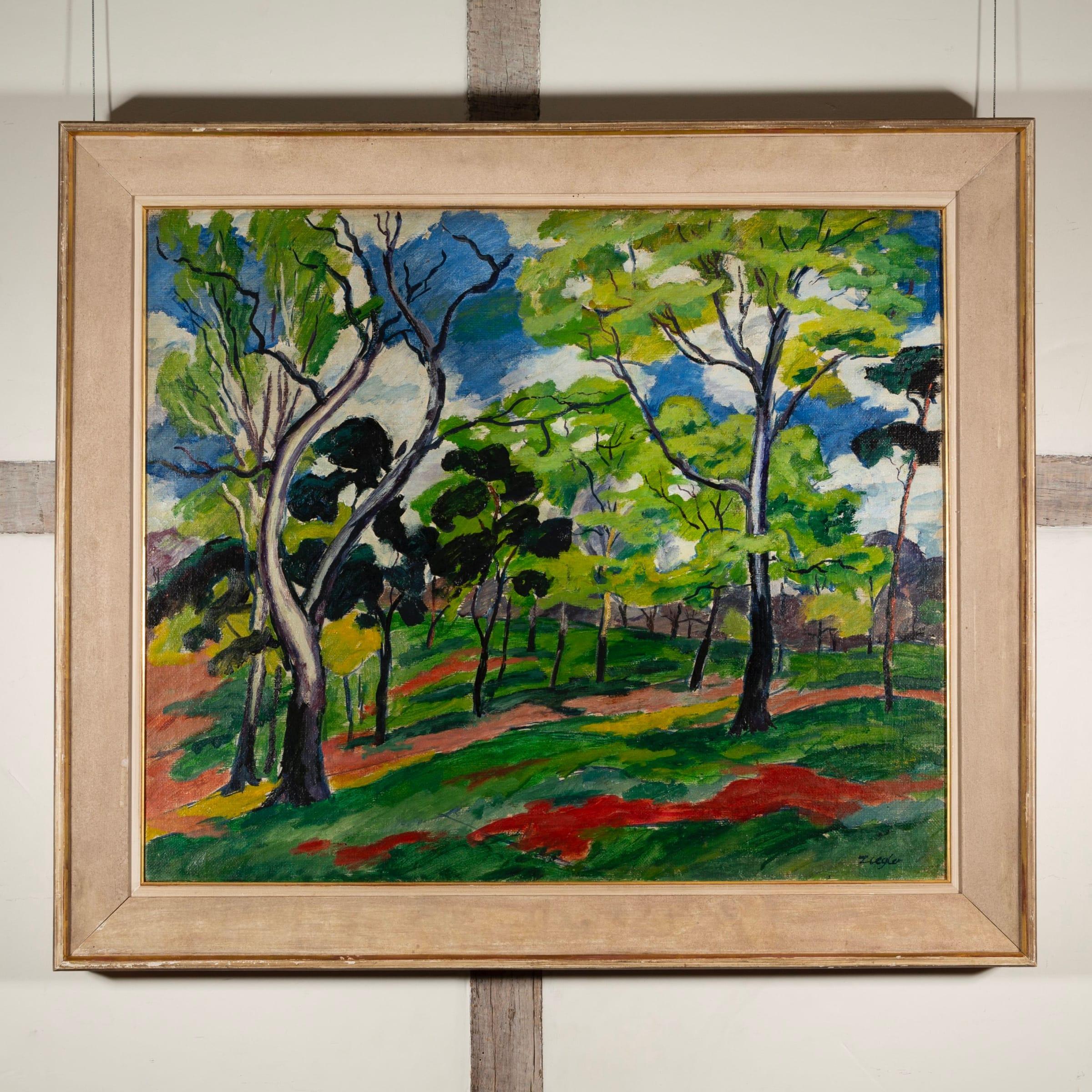 Alberi, brughiera di Hampstead, olio su tela di Archibald Ziegler, fine anni '40 circa 
 
Informazioni aggiuntive:
Mezzo: Olio su tela
65.3 x 78 cm
25 3/4 x 30 3/4 in
Firmato
 
Ziegler è nato a Londra nel 1903 e ha studiato alla Central School of