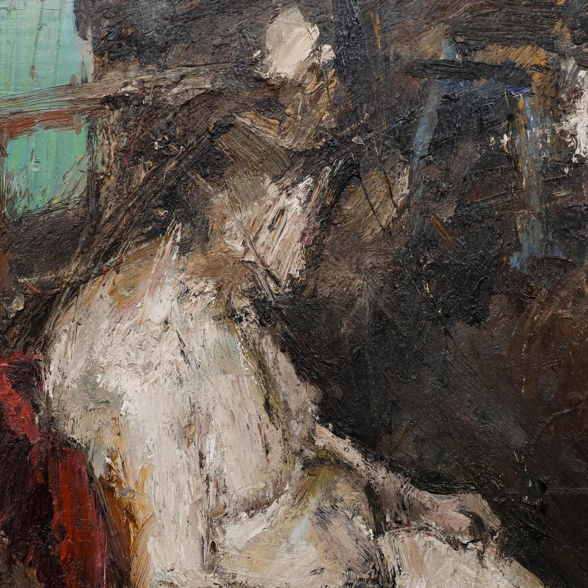 Eine ausdrucksstarke Studie, die eine sitzende nackte Figur in einem abgedunkelten Innenraum zeigt. Die gestische Pinselführung des Künstlers und die stimmungsvolle Farbpalette schaffen eine atmosphärische Komposition voller Bewegung. Unleserlich