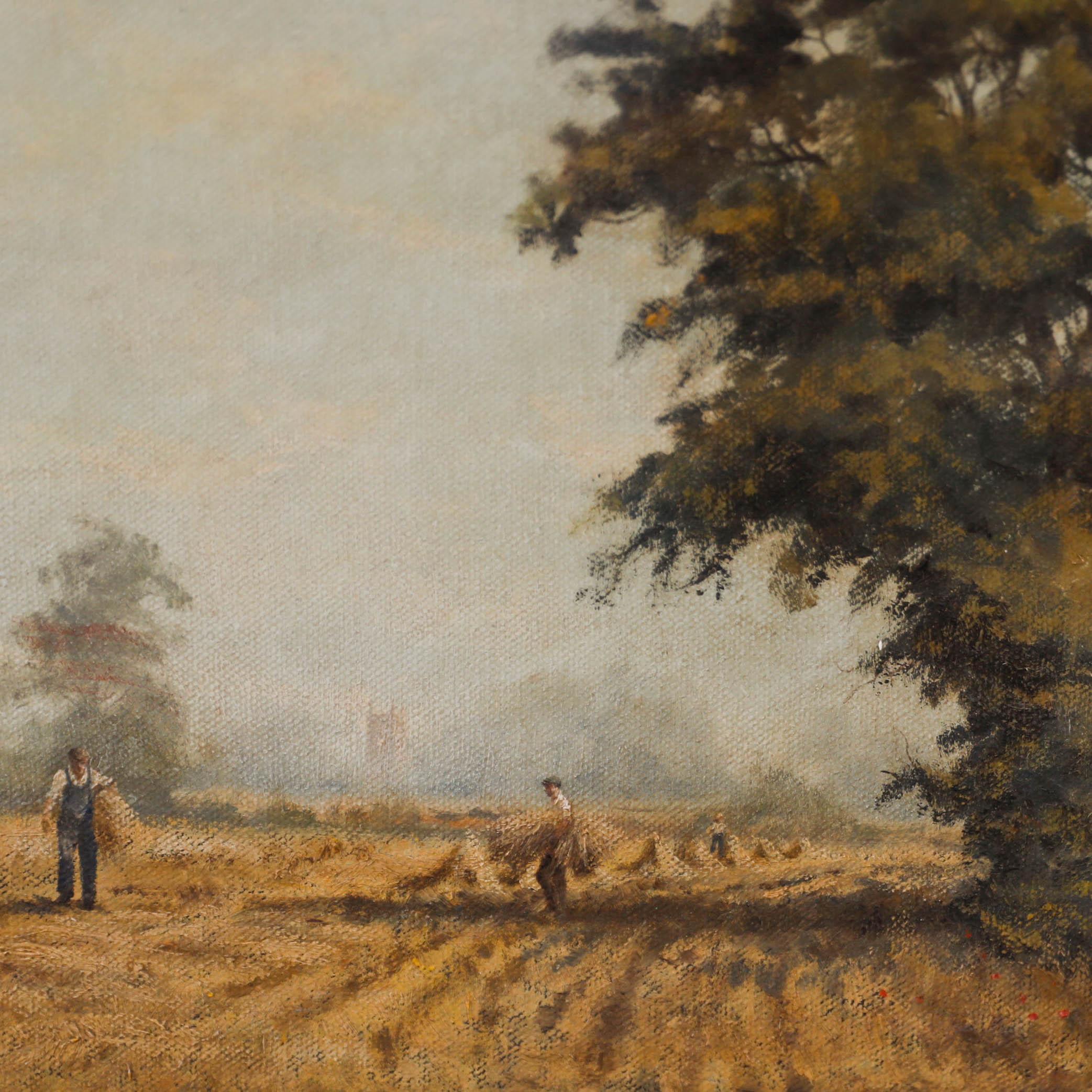 A charming oil landscape depicting farm workers bundling straw into sheaves. Well presented in a gilt frame. Signed to the lower left. On canvas on stretchers.