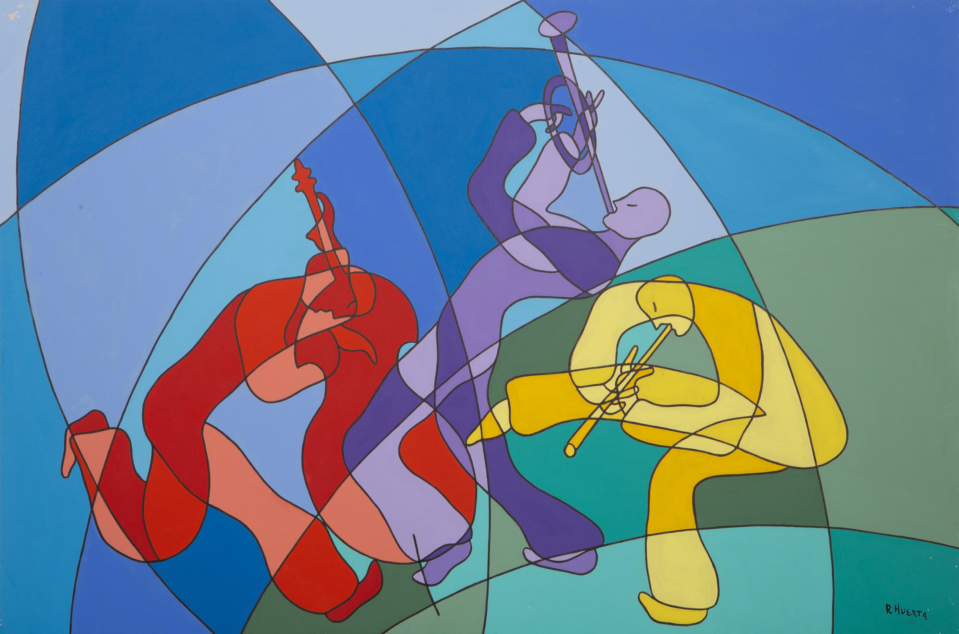Ricardo Huerta, Mexicano - Trío de Jazz, Técnica: Acrílico sobre tabla, firmado abajo a la derecha, Tamaño: 50,8 x 74,93 cm (20 x 29,5 pulg.)