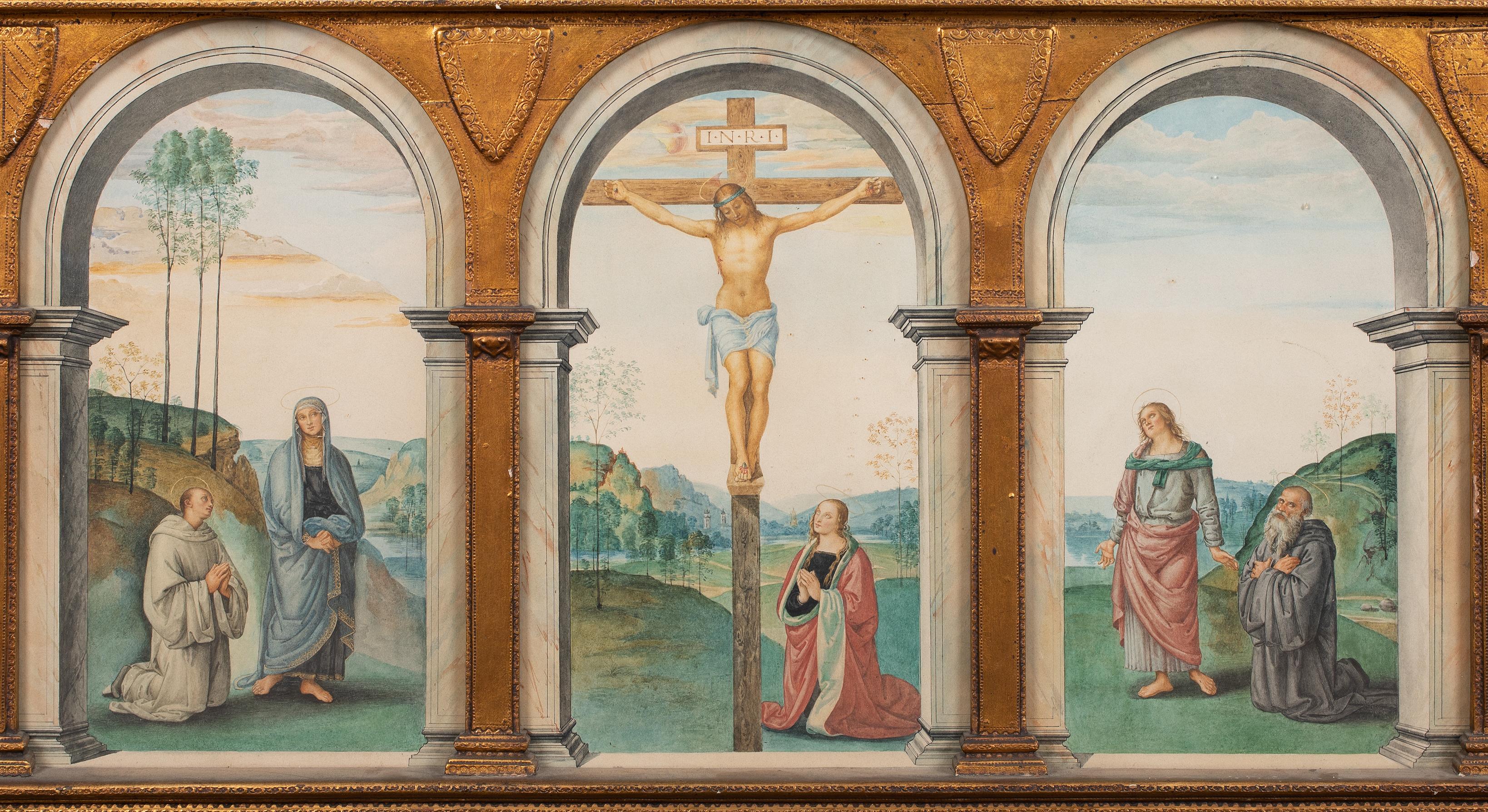 Triptych Of The Crucifixion, 19th Century

after PIETRO PERUGINO (1446-1523)

Large circa 19th Century Umbrian School Old Master triptych of the Crucifixion, watercolour. Beautiful devotional triptych that would have been commissioned by the church
