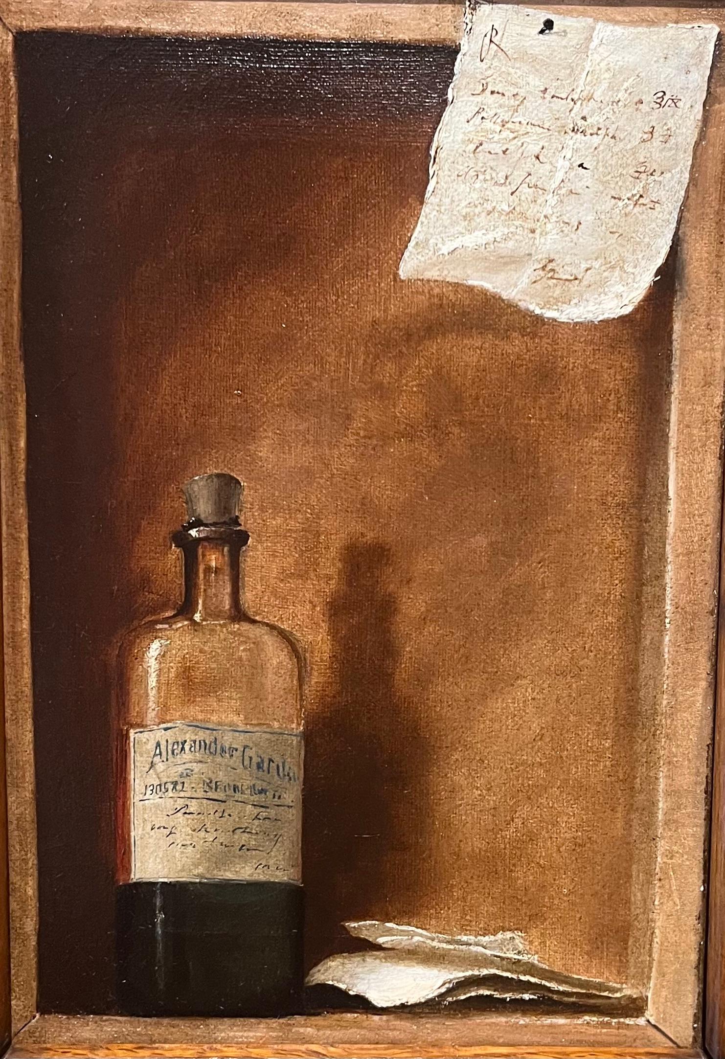 Trompe L'oeil painting of bottle and letter. This work is by an American School artist, unsigned. This artist possesses a mastery of the skills needed to complete such a distinct art movement like this one. The Trompe L'oeil movement is known for