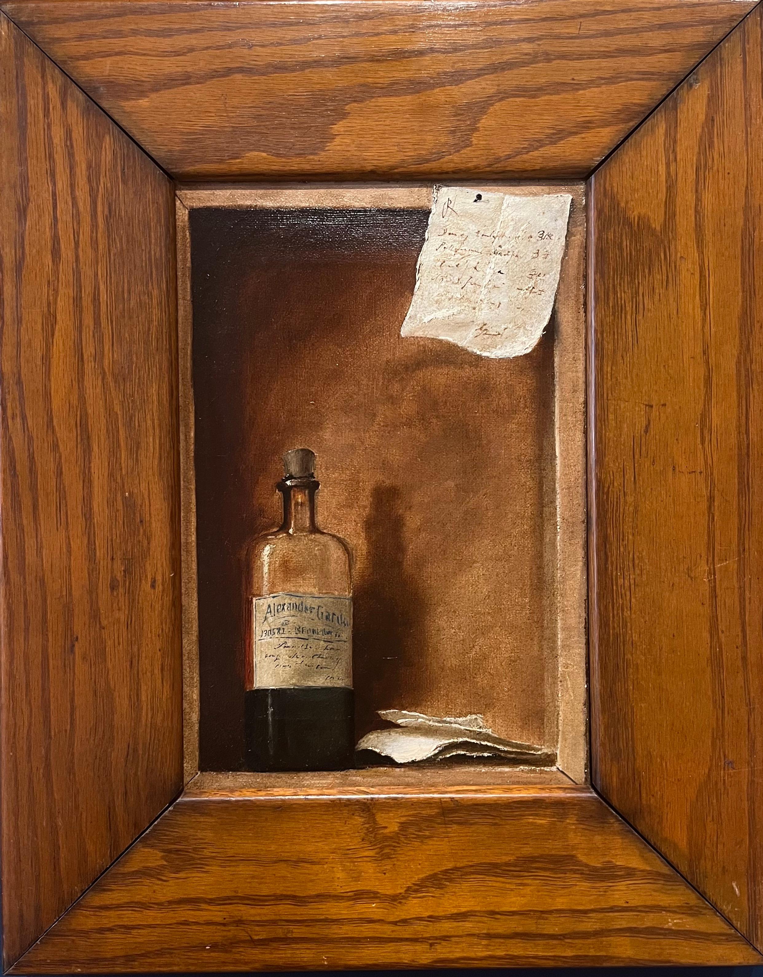 Unknown Still-Life Painting - Trompe l'oeil Painting of Bottle and Letter