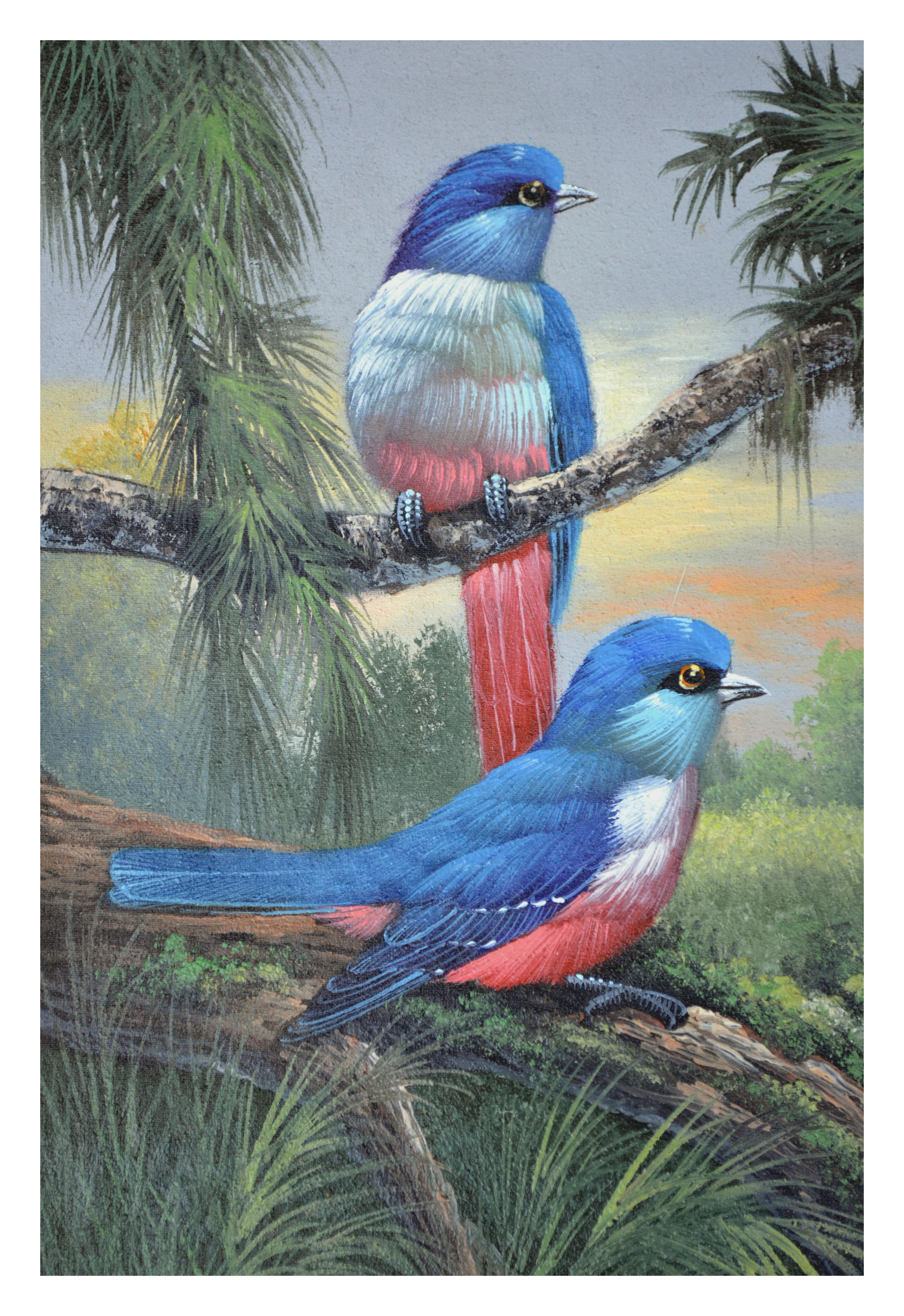 Tropical Blue Birds in Paradise - Painting by Unknown