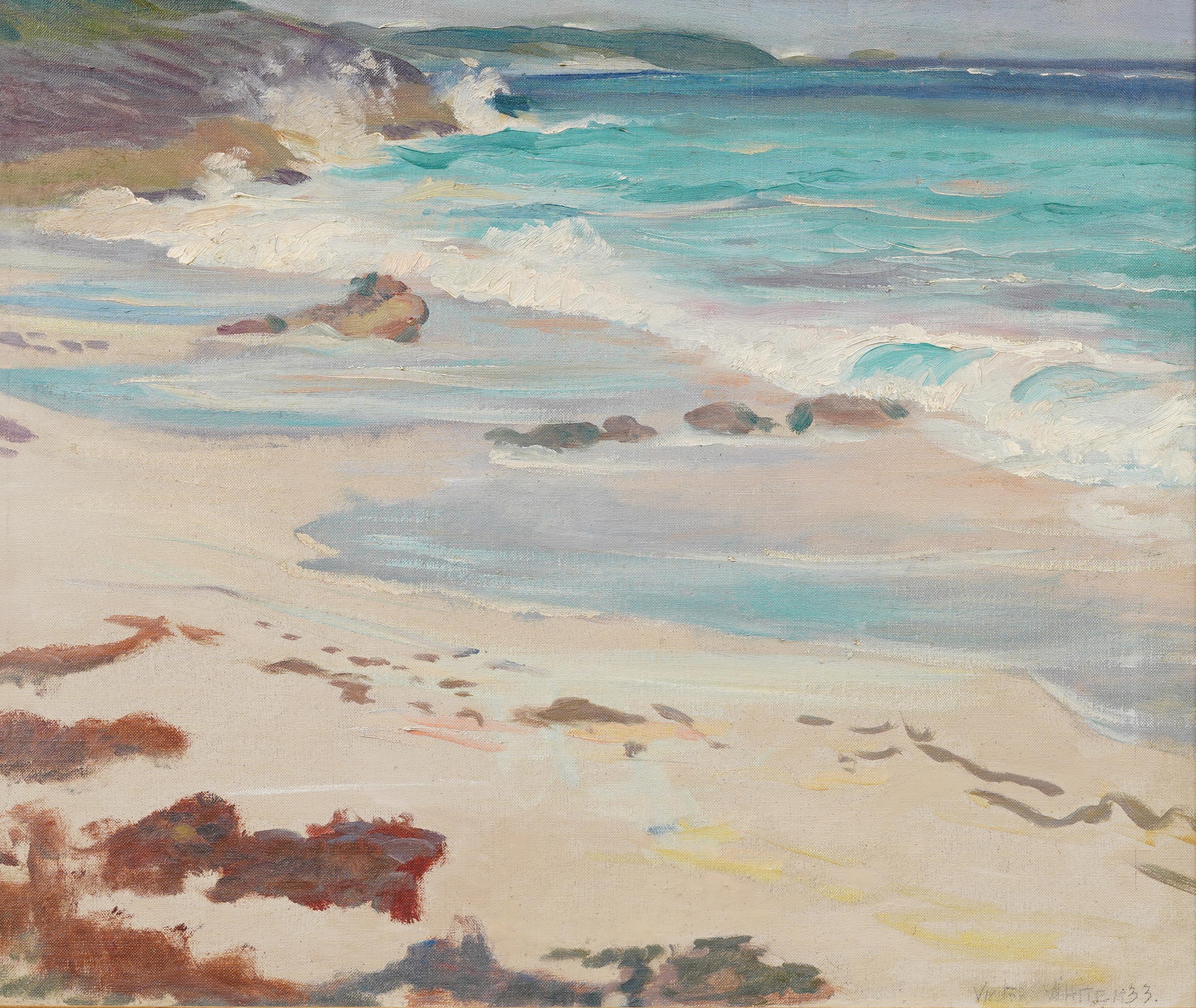 Antique American impressionist beach scene oil painting. Oil on canvas. Signed. Framed. Measuring 27 by 31 inches overall and 20 by 24 painting alone. In excellent original condition.  Handsomely framed in a gold giltwood molding.  Excellent
