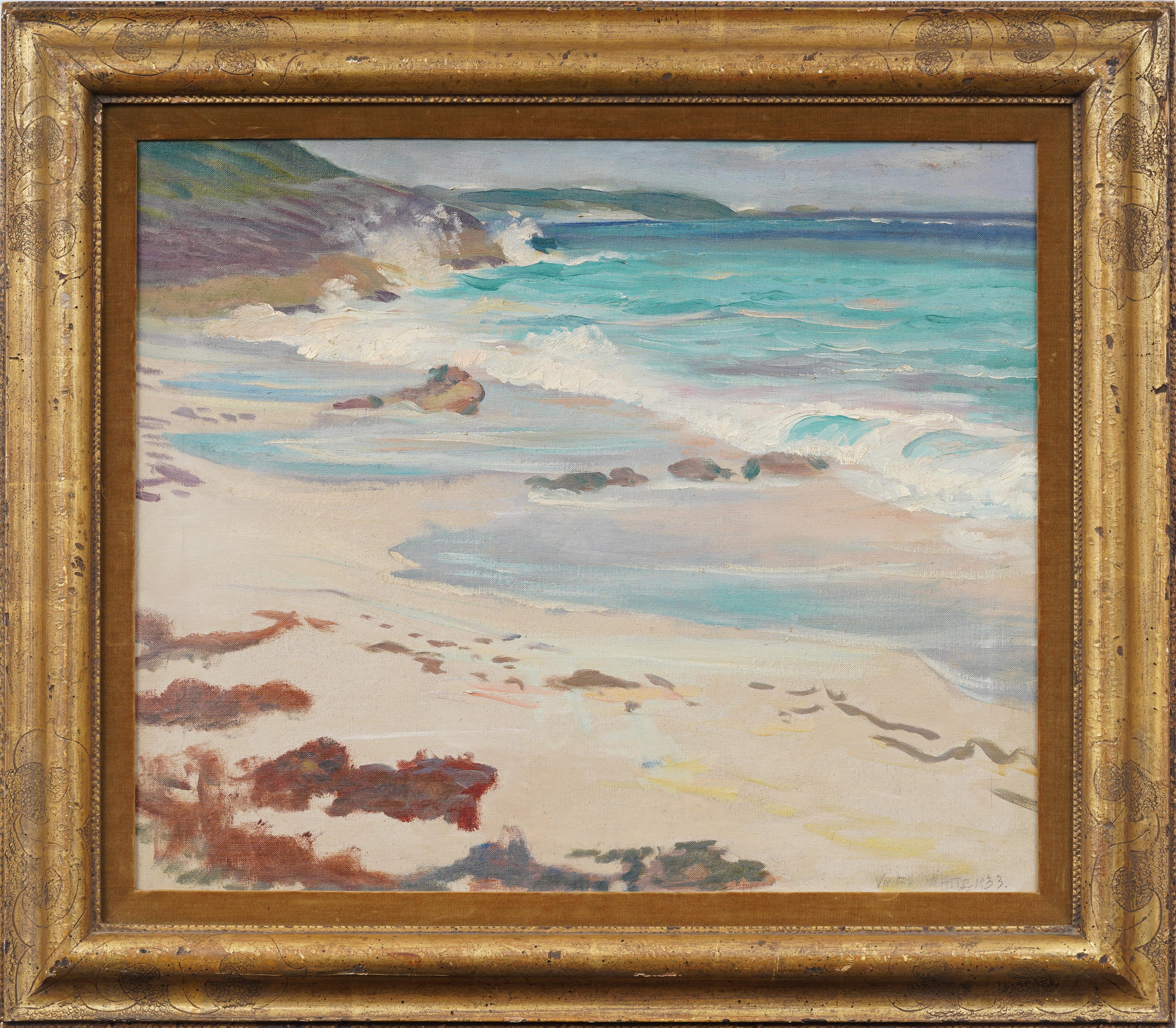 Unknown Abstract Painting - Tropical Blue Water Lush Beach Scene Nicely Framed Seascape Summer Oil Painting