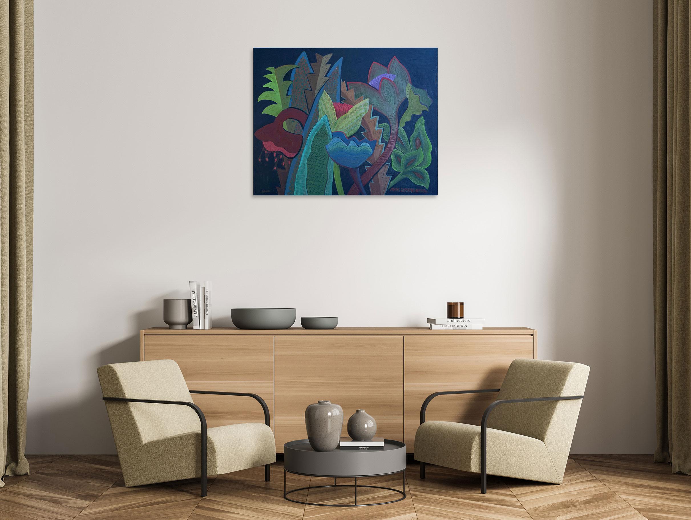 Tropische Fantasie-Blumenmalerei #21 – Landschaftsgemälde – Ölfarbe von Marc Zimmerman – Painting von Unknown
