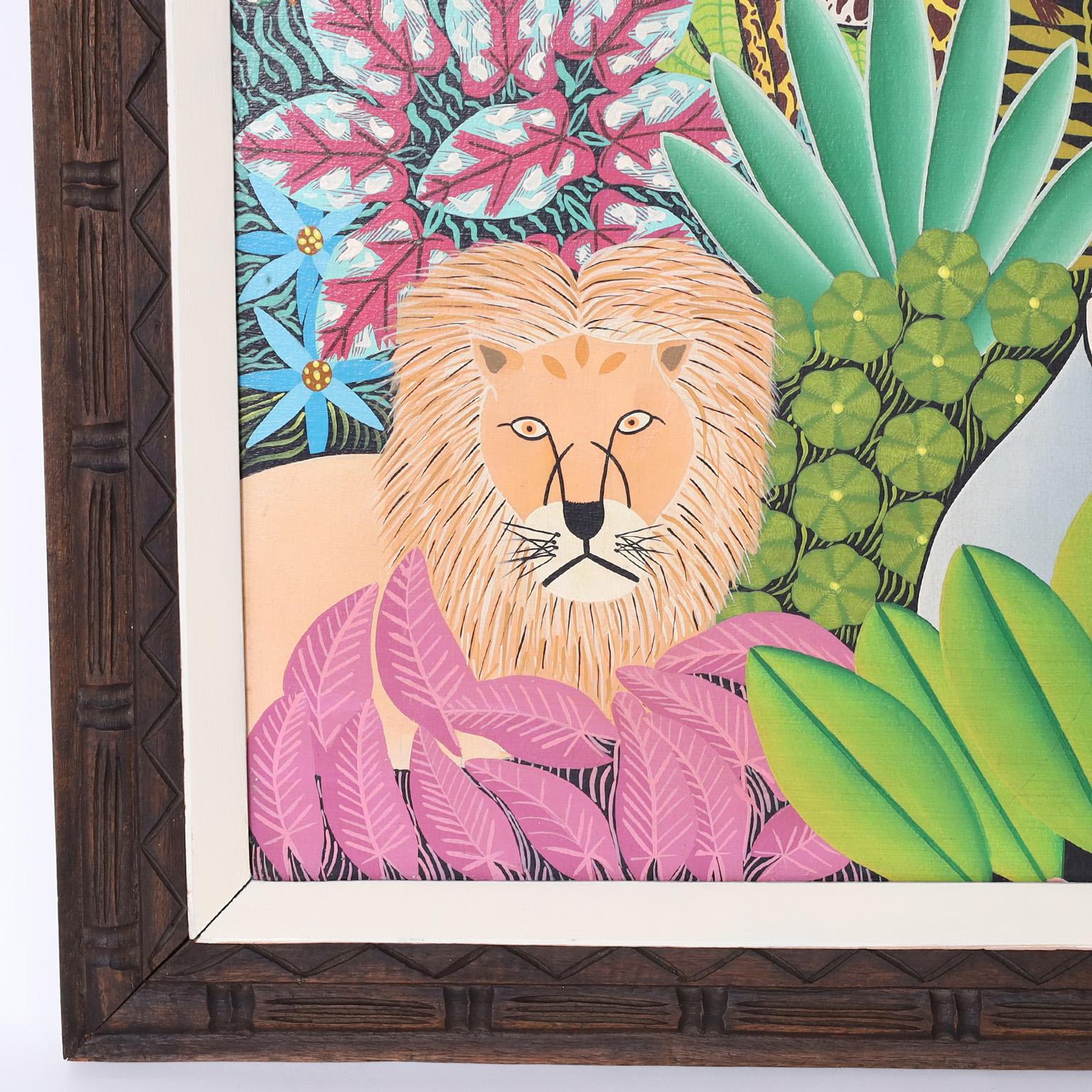 Llamativa pintura tropical de mediados de siglo sobre lienzo ejecutada de un modo ingenuo característico con animales africanos ambientados en una selva. Firmado por el célebre artista haitiano Daniel Souvenir y presentado en un marco de madera