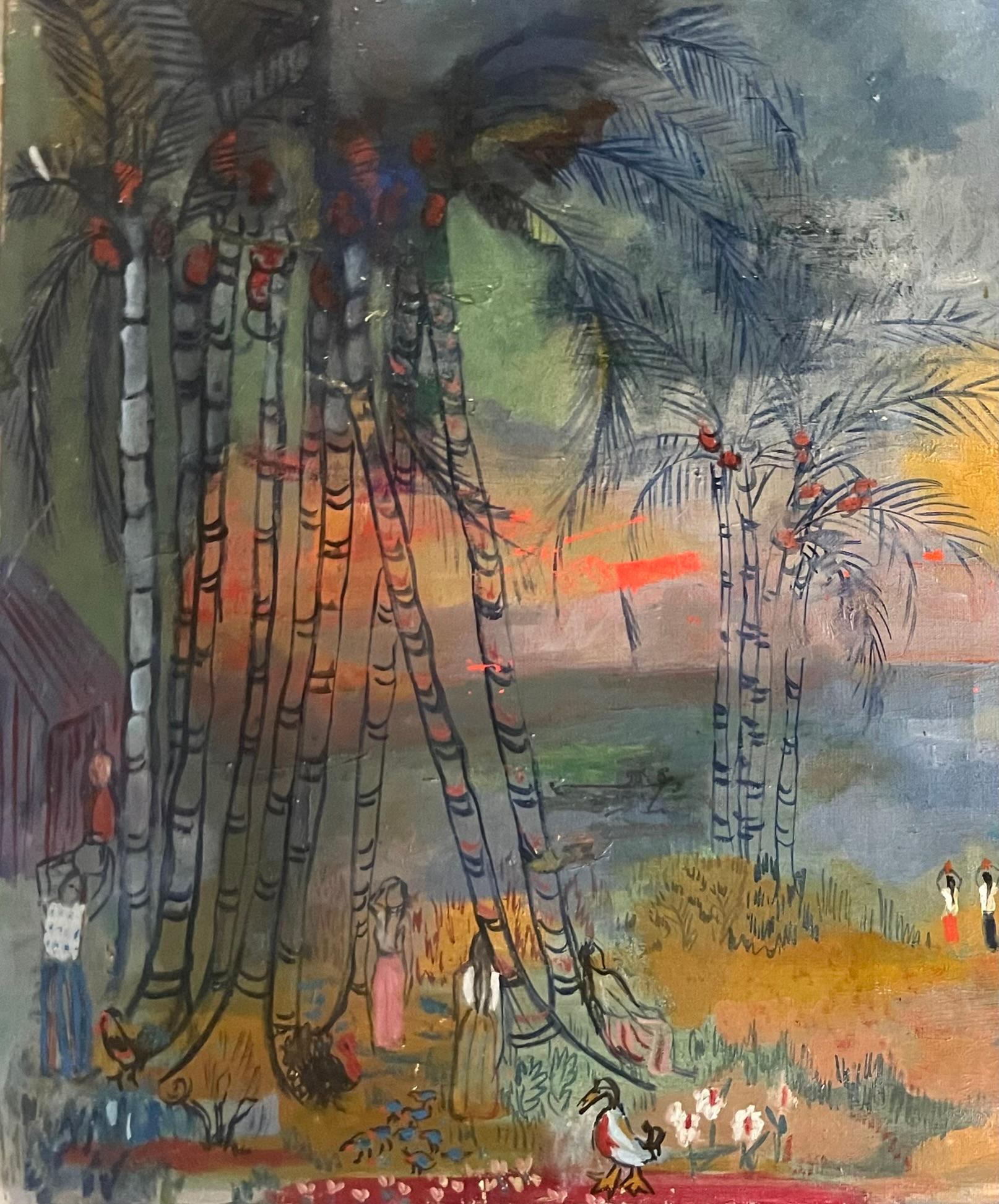 Tropical Magic. Tropical Magic. Landscape with Palms and Figures by M. Andrade - Expressionist Painting by Unknown