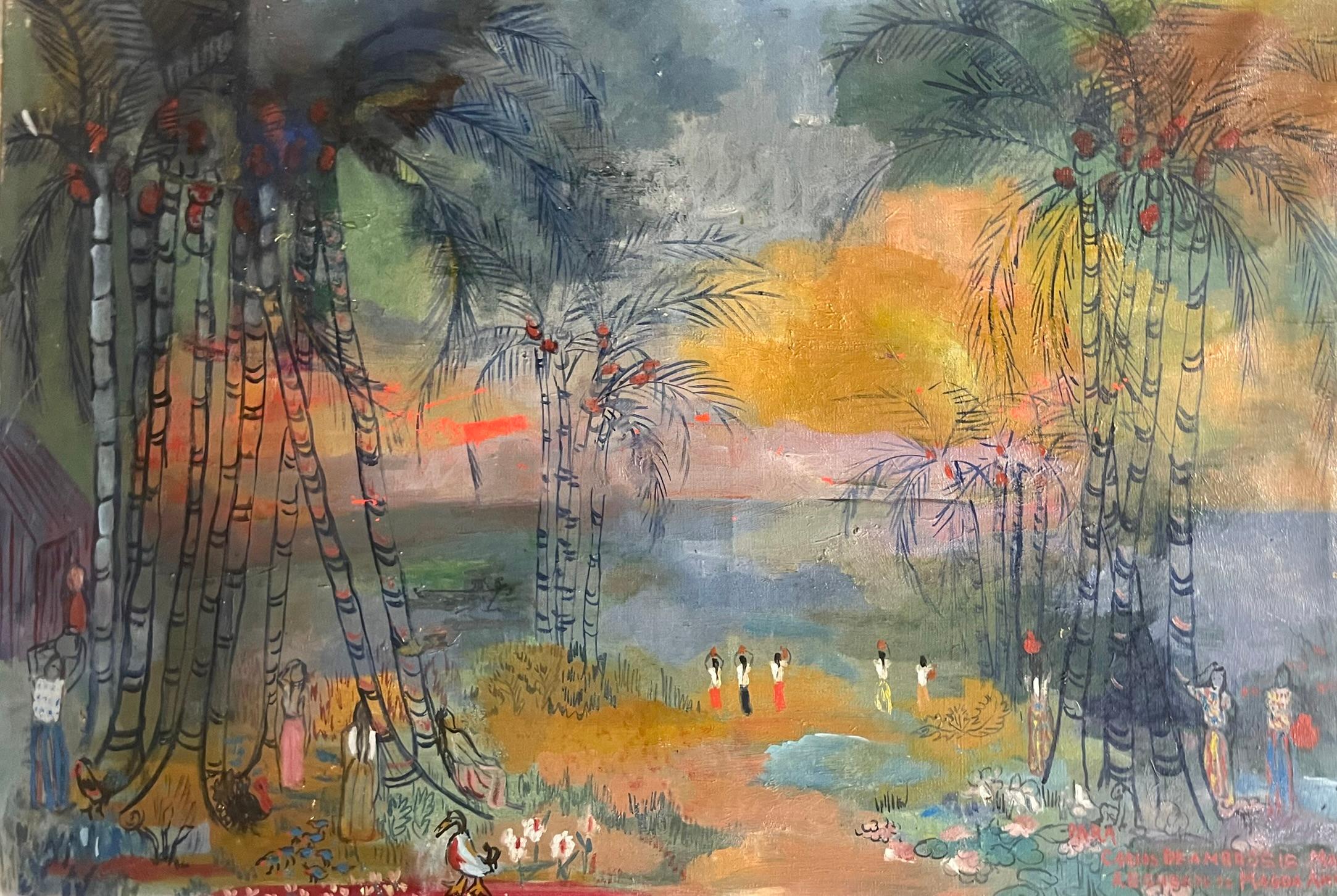 Tropical Magic. Tropical Magic. Landscape with Palms and Figures by M. Andrade - Gray Figurative Painting by Unknown