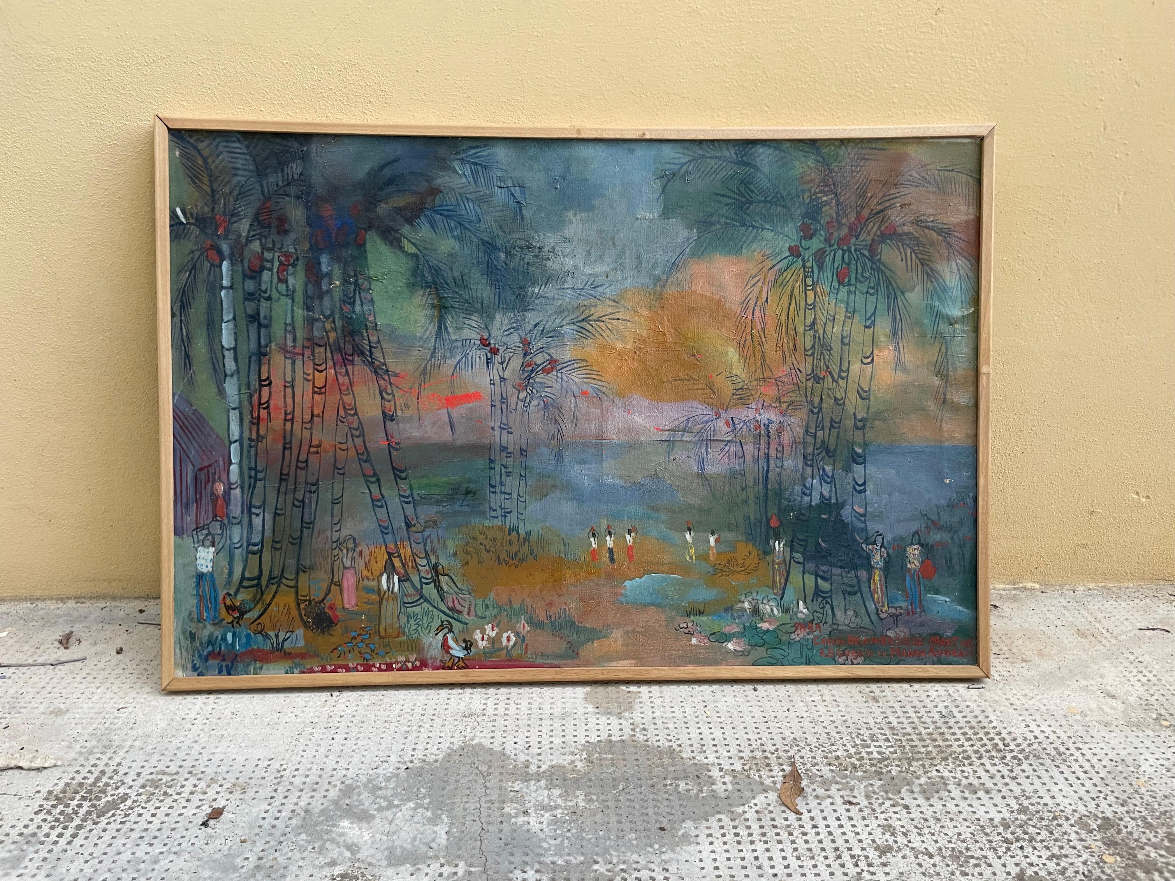 Magie tropicale. Magie tropicale. Paysage avec palmiers et figures par M. Andrade en vente 3