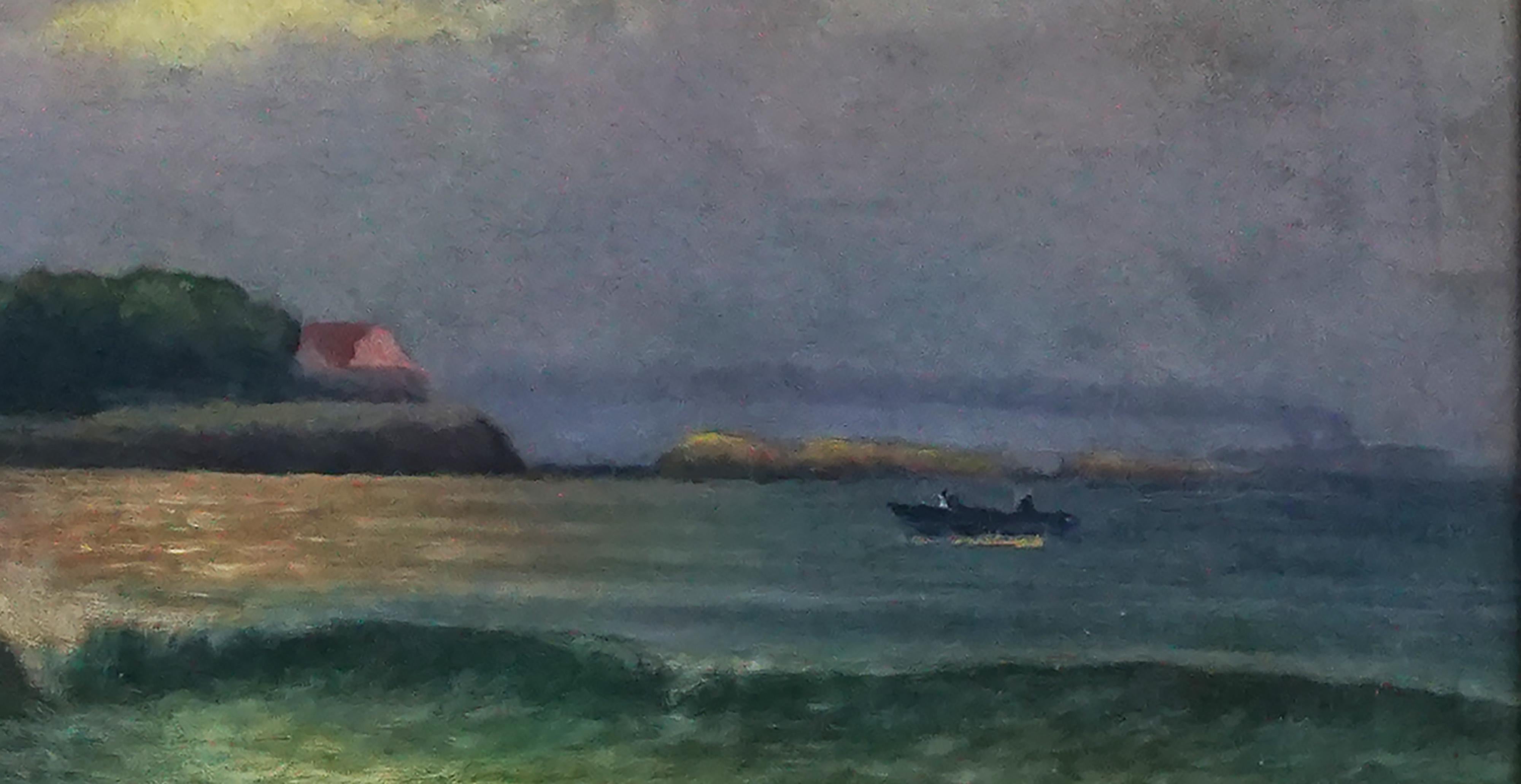 New England Coastal Scene with Steamship - Black Figurative Painting by Unknown