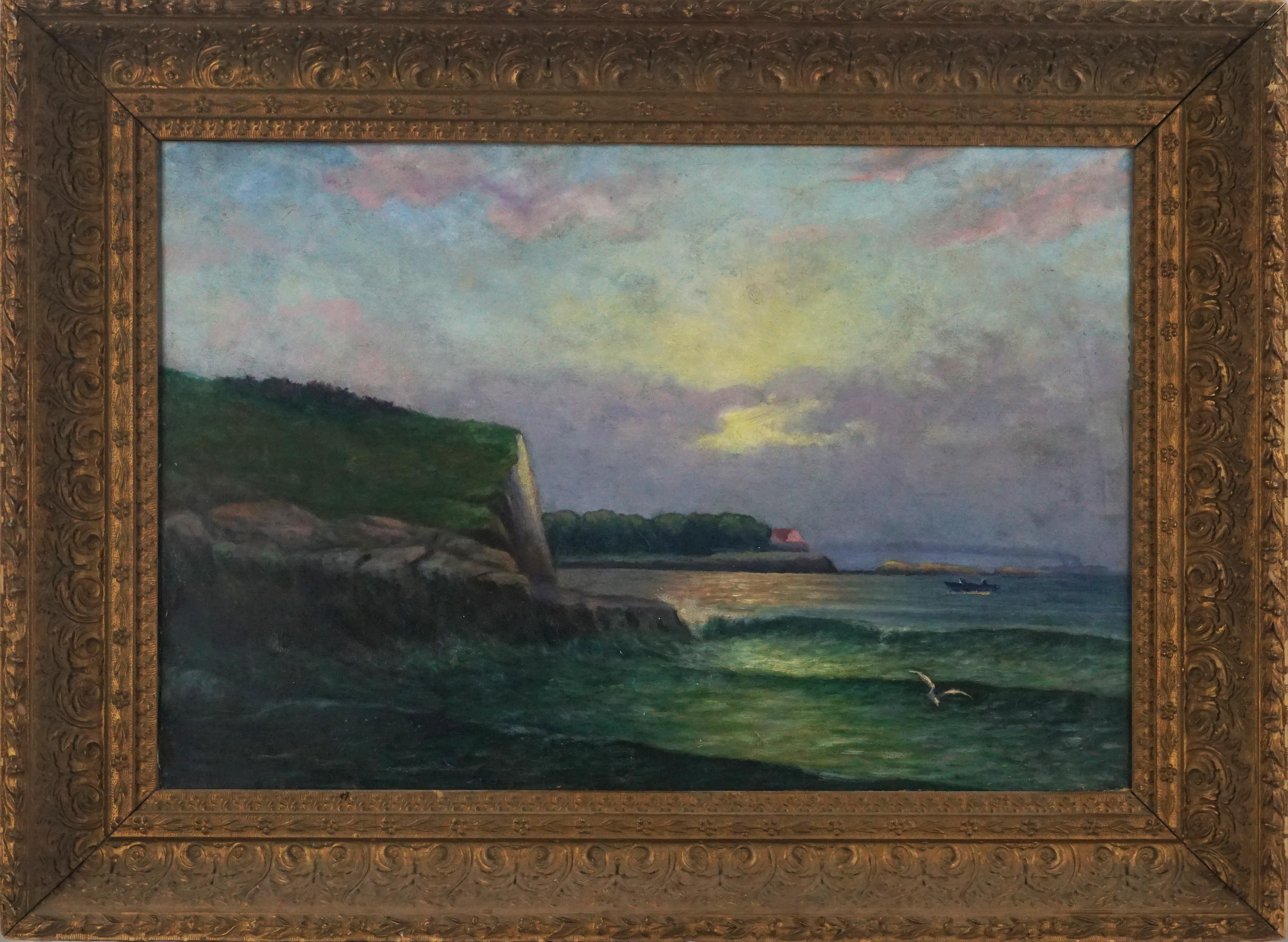 Unknown Figurative Painting - New England Coastal Scene with Steamship