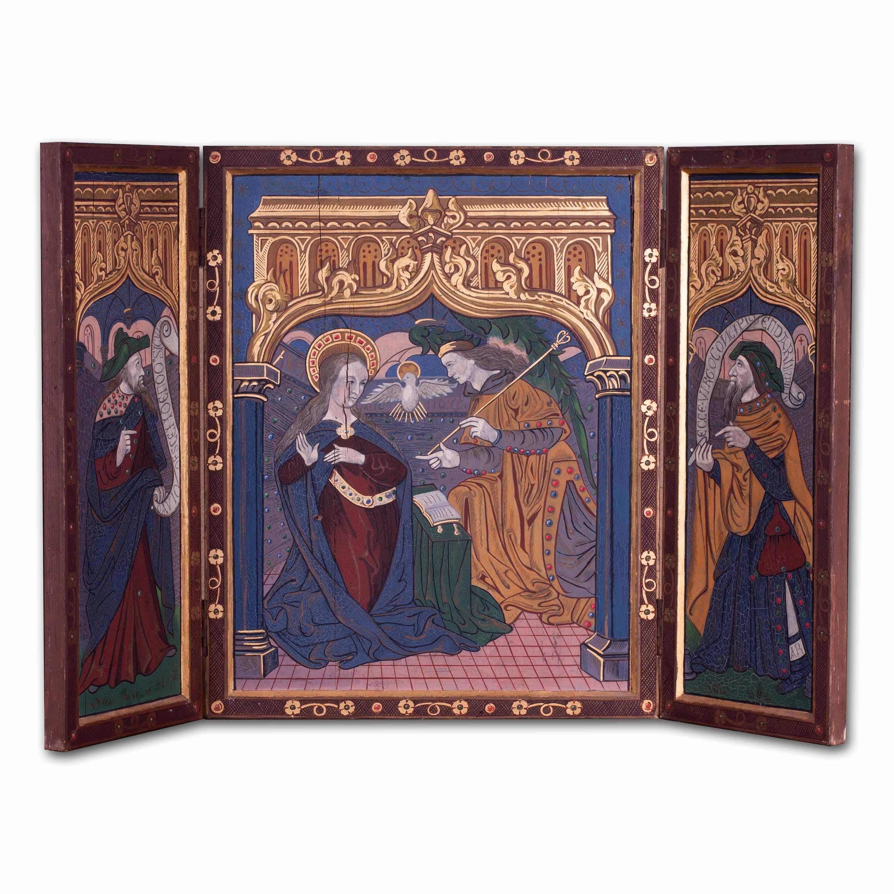 Unknown Figurative Painting - Turn of the 20th Century French tryptic depicting the Annunciation with 2 saints
