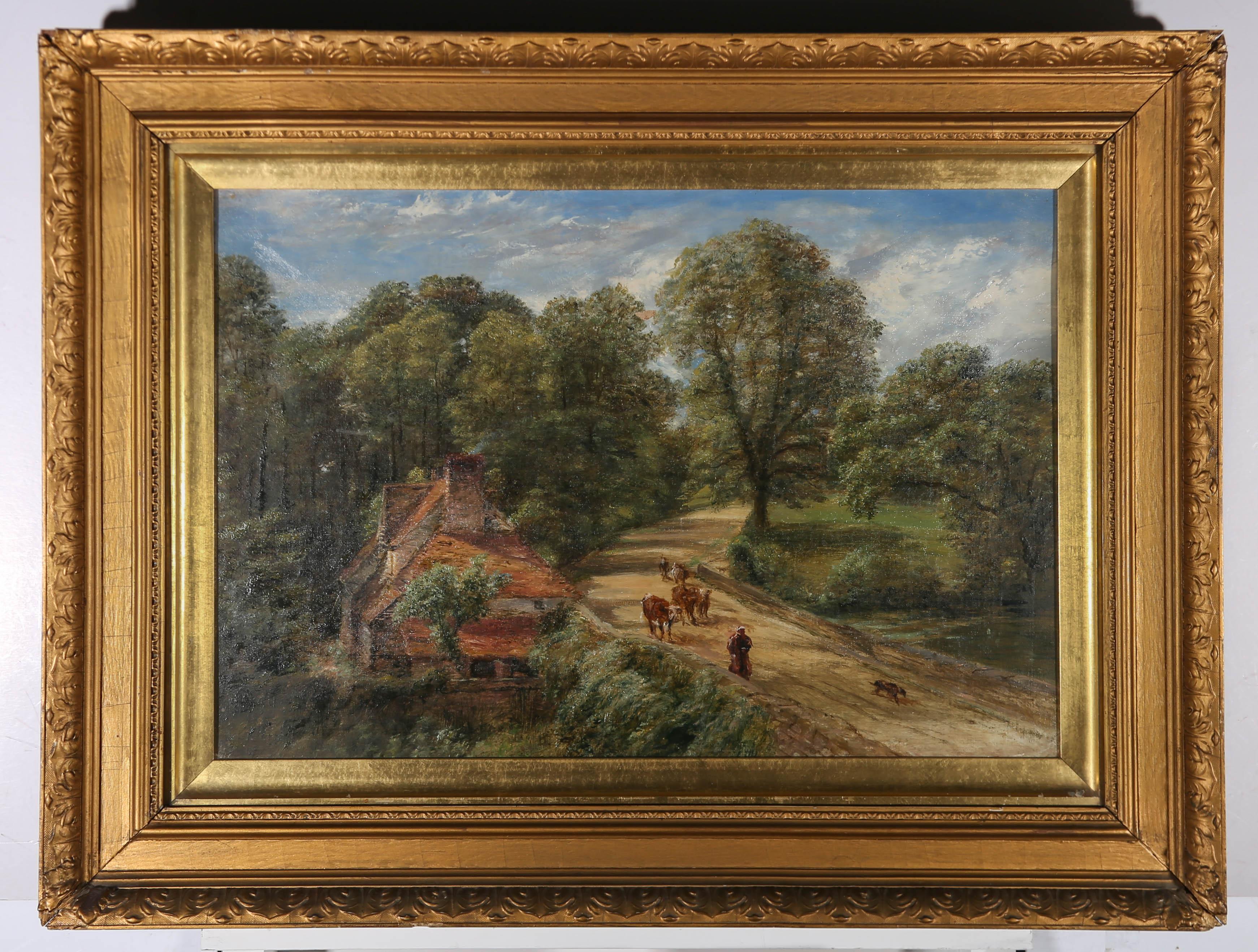 A bucolic turn of the Century oil landscape showing a man leading his small herd of cattle with his dog over a stone bridge. A house is nestled in the lush greenery of a wood to the left and a verdant meadow lies to the right. The sky overhead is a