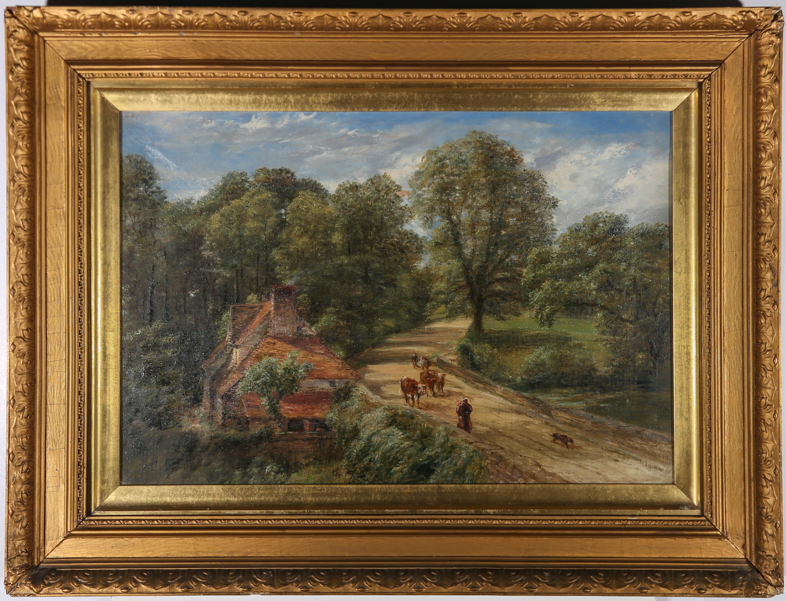 Unknown Landscape Painting - Turn of the Century Oil - Cattle In The Sun