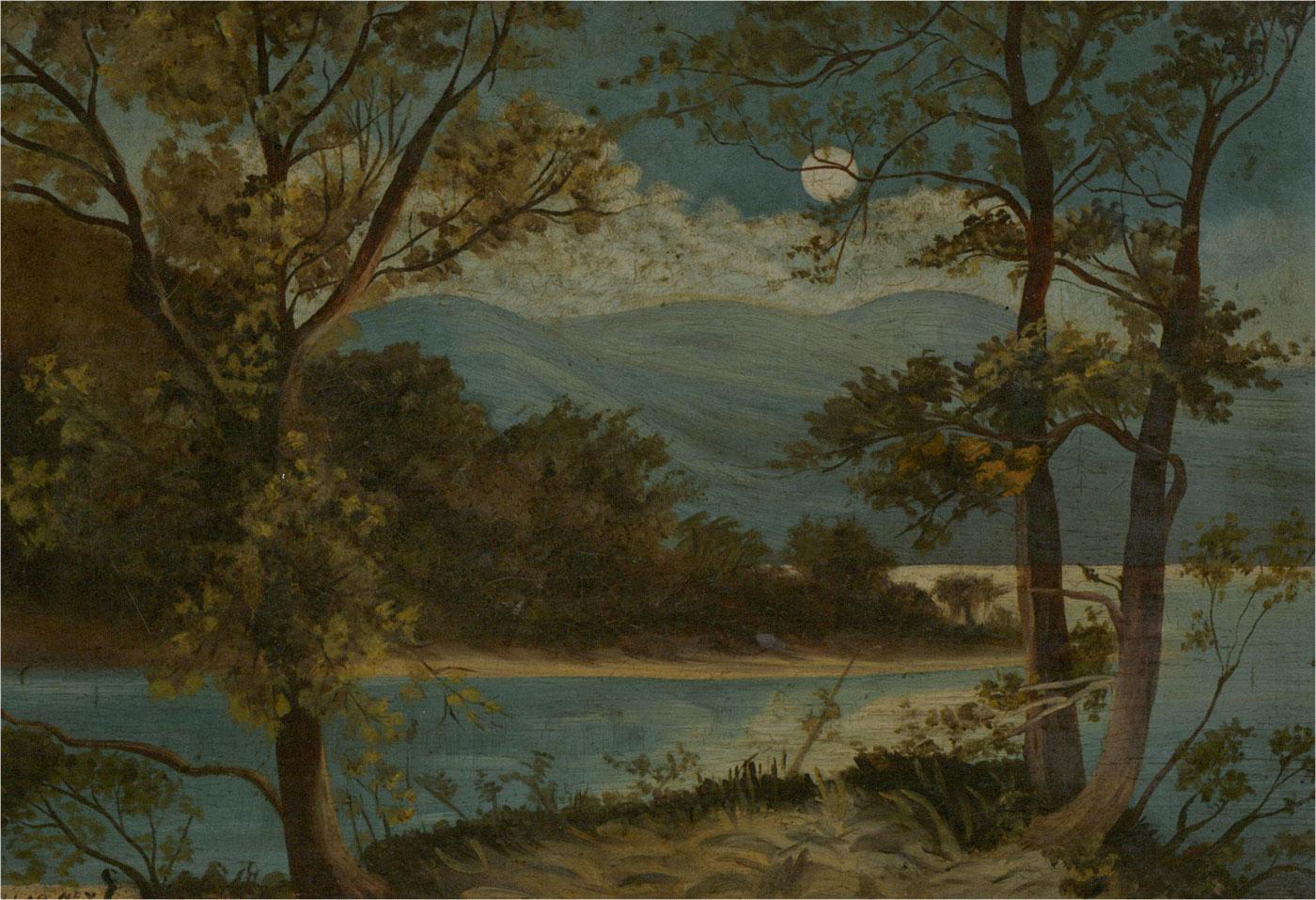 Turn of the Century Oil - Moonlight Over The Lake - Painting by Unknown