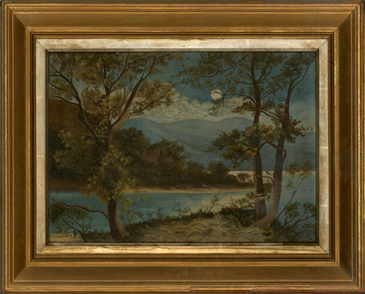 Unknown Landscape Painting - Turn of the Century Oil - Moonlight Over The Lake