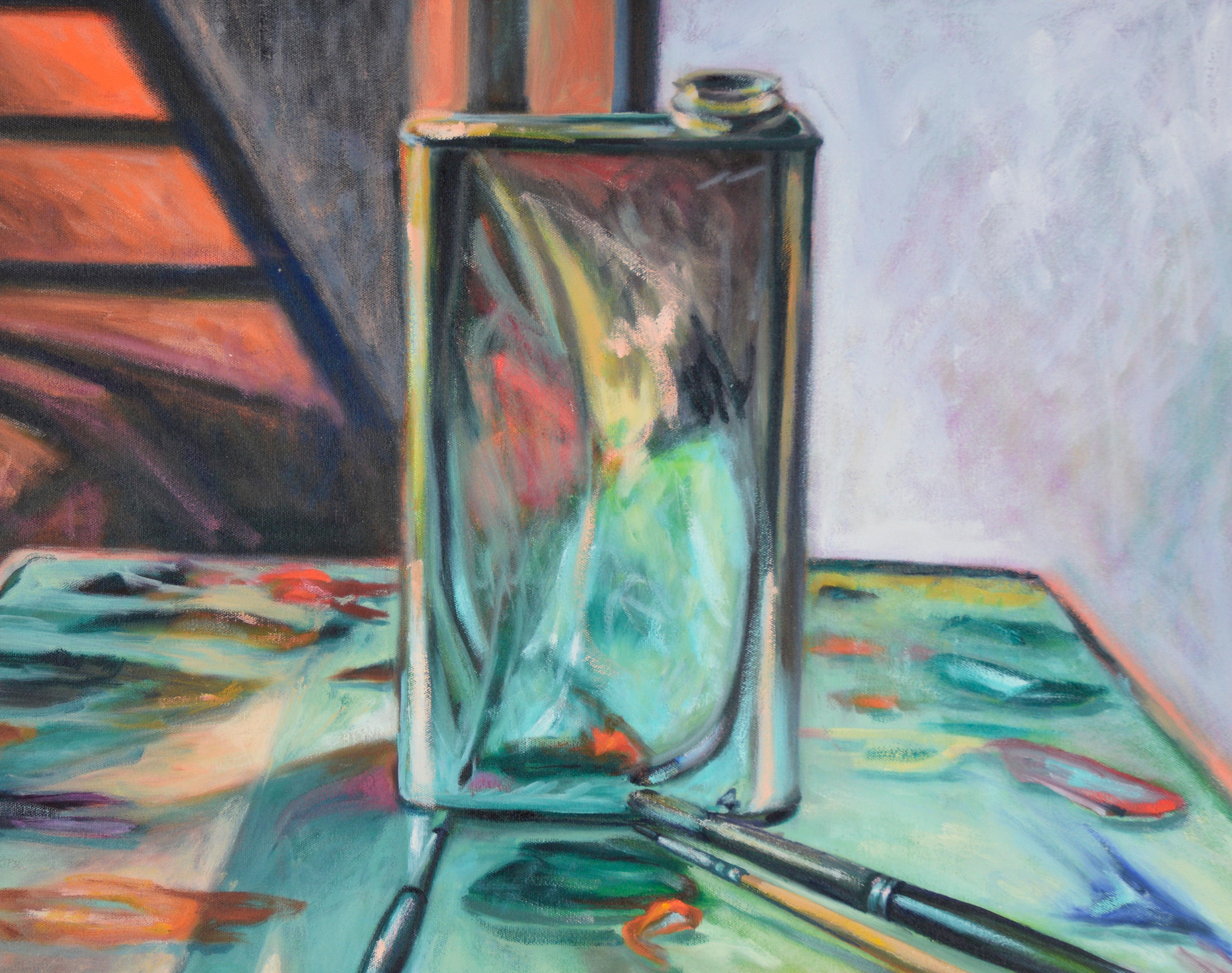 Turps - Bote de plata con paleta de pintura con pinceles al óleo sobre lienzo - Painting de Unknown
