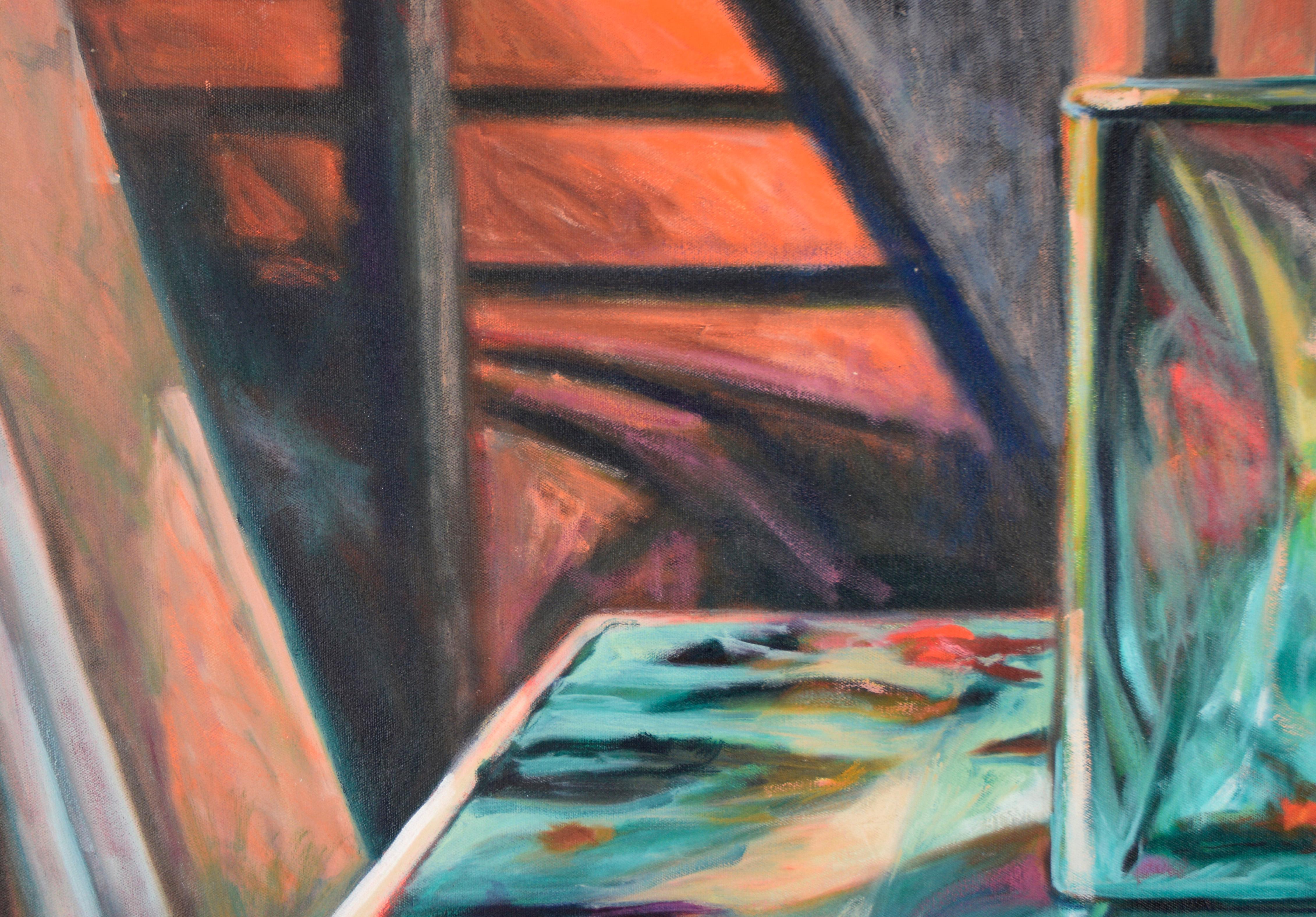 Turps - Bote de plata con paleta de pintura con pinceles al óleo sobre lienzo - Painting moderno estadounidense de Unknown