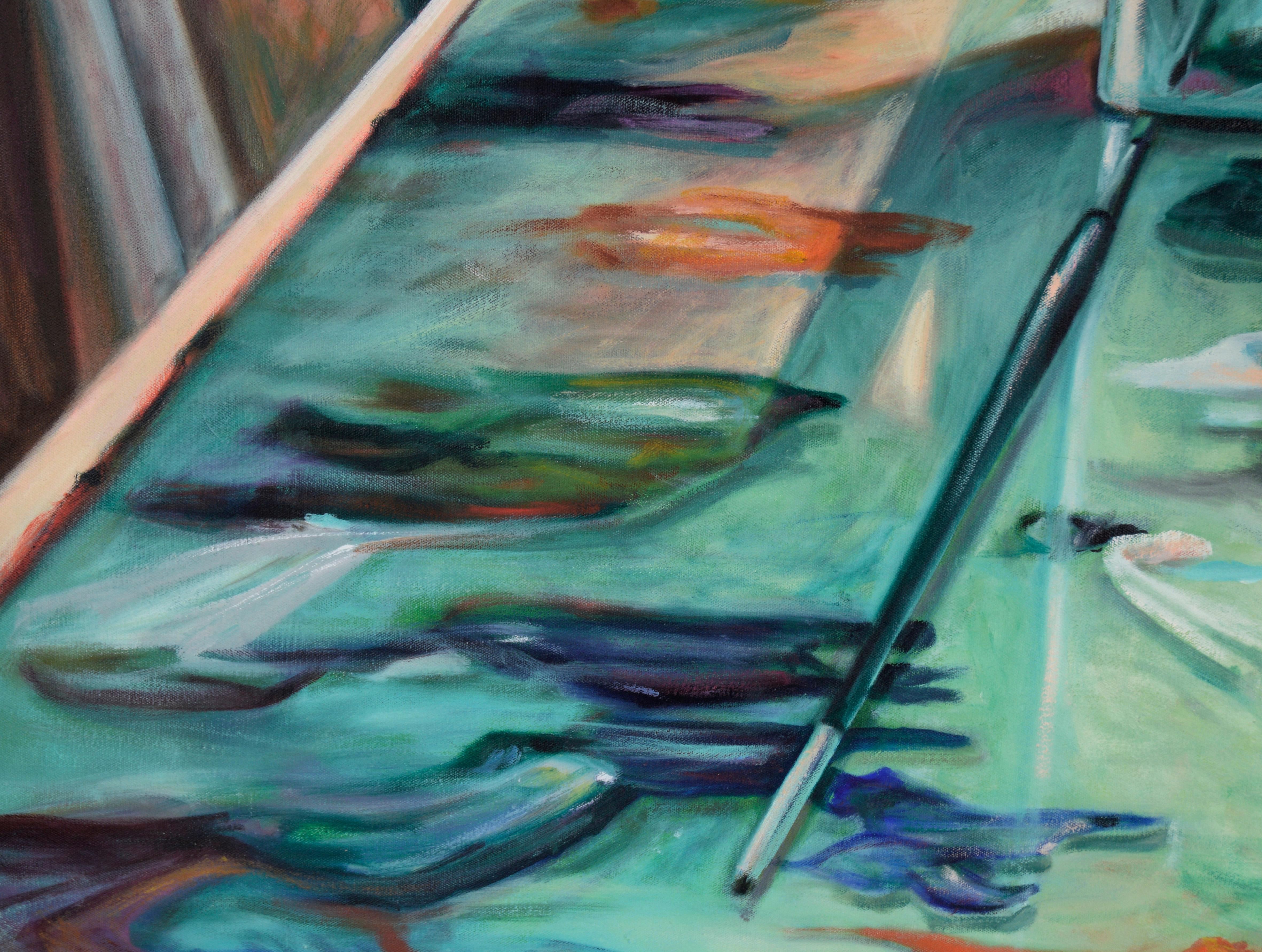 Turps - Bote de plata con paleta de pintura con pinceles al óleo sobre lienzo

Composición vibrante y realista de un artista desconocido (siglo XX). Un bote de disolvente de color plateado  (también conocido como 