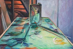 Turps - Bote de plata con paleta de pintura con pinceles al óleo sobre lienzo