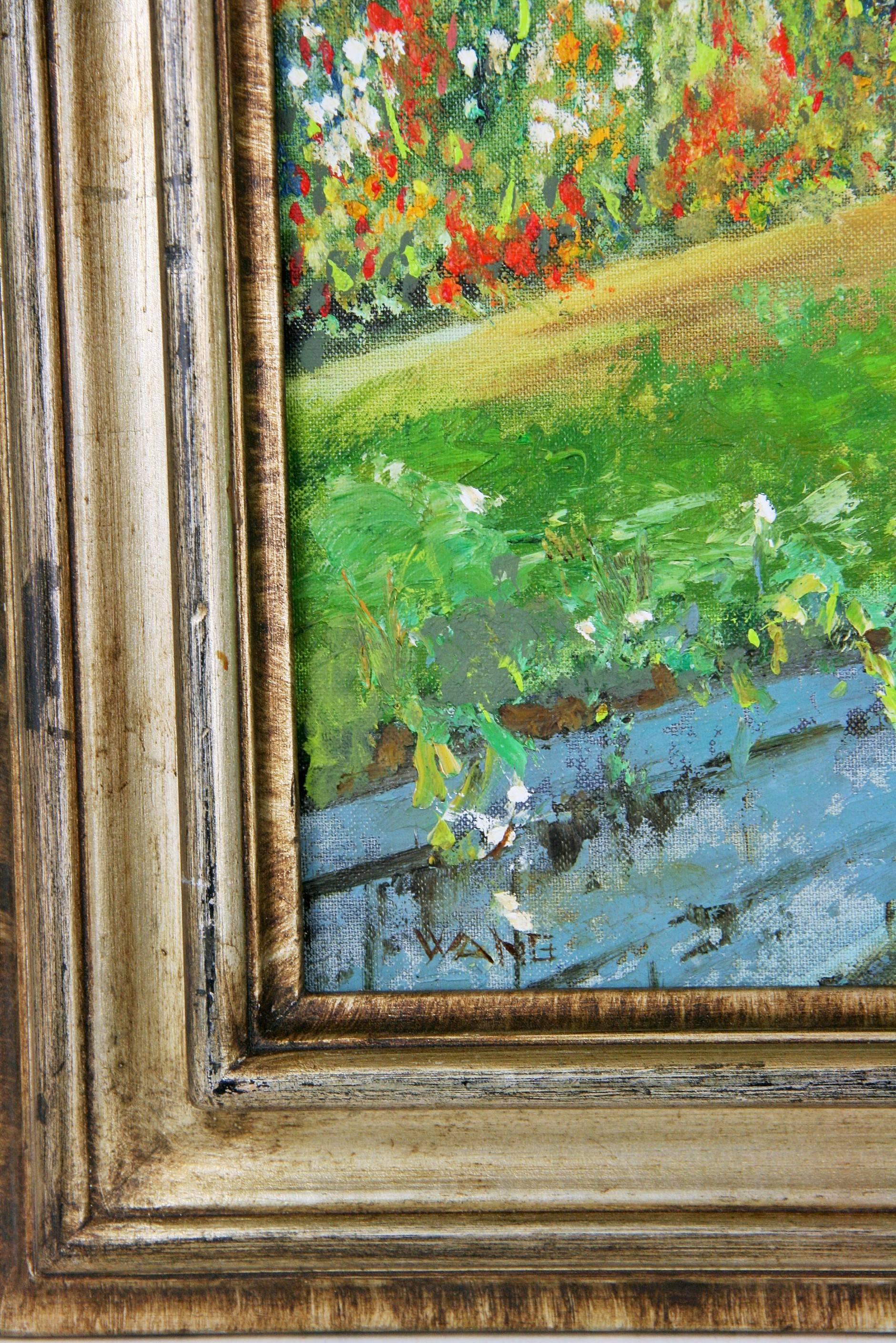 1-6011   A country house painting , acrylic on artist board displayed in a gilt-silver wood frame,signed lower left by Wang.
Image size 17 H x 12.5 W