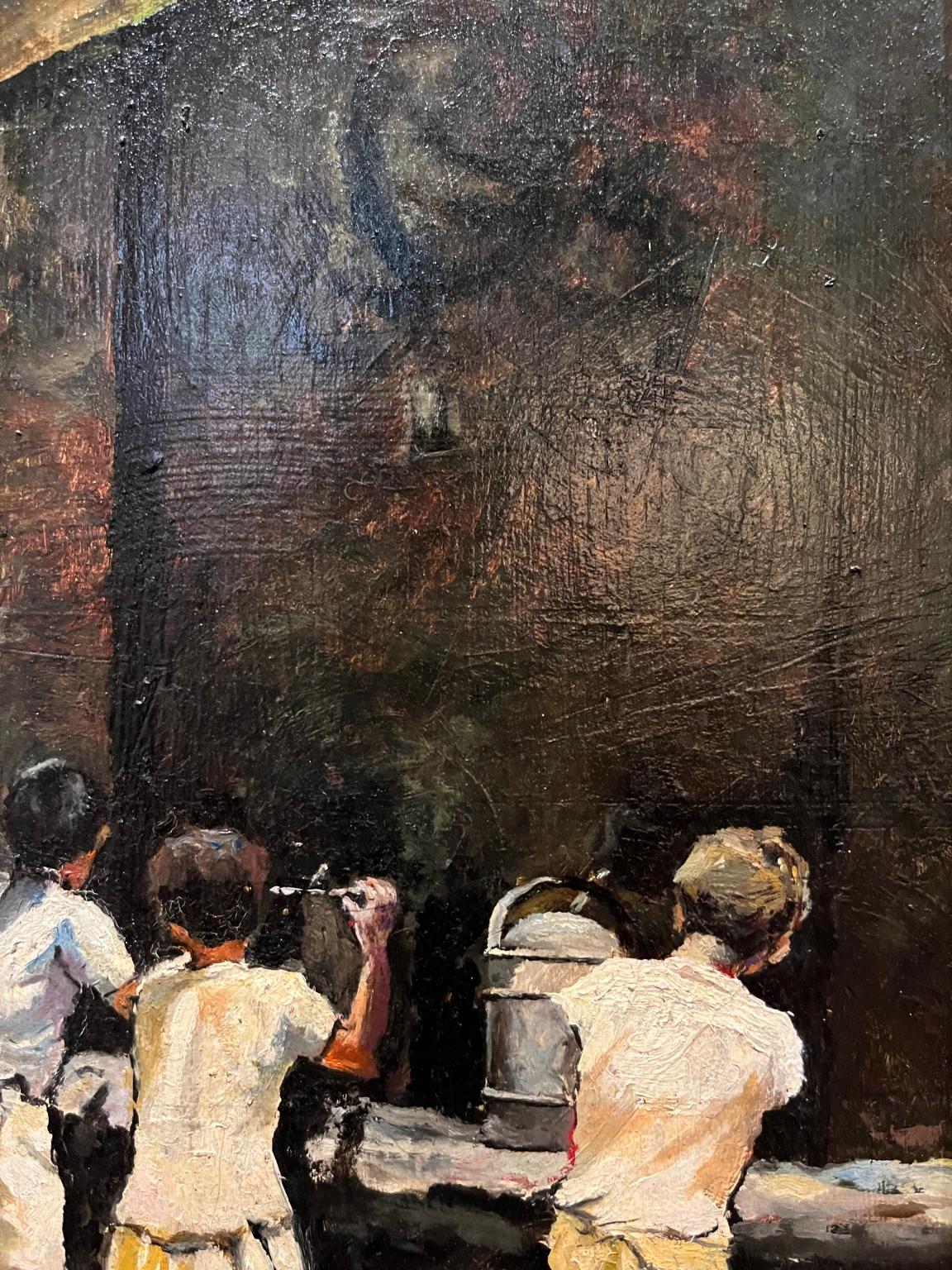 The artist of this painting is unknown but it can be ascribe to a Tuscan movement of the 20th century inspired by 19th century art like Verismo (as we can deduce by the clean and not artificial composition of the genre scene chosen as the subject)