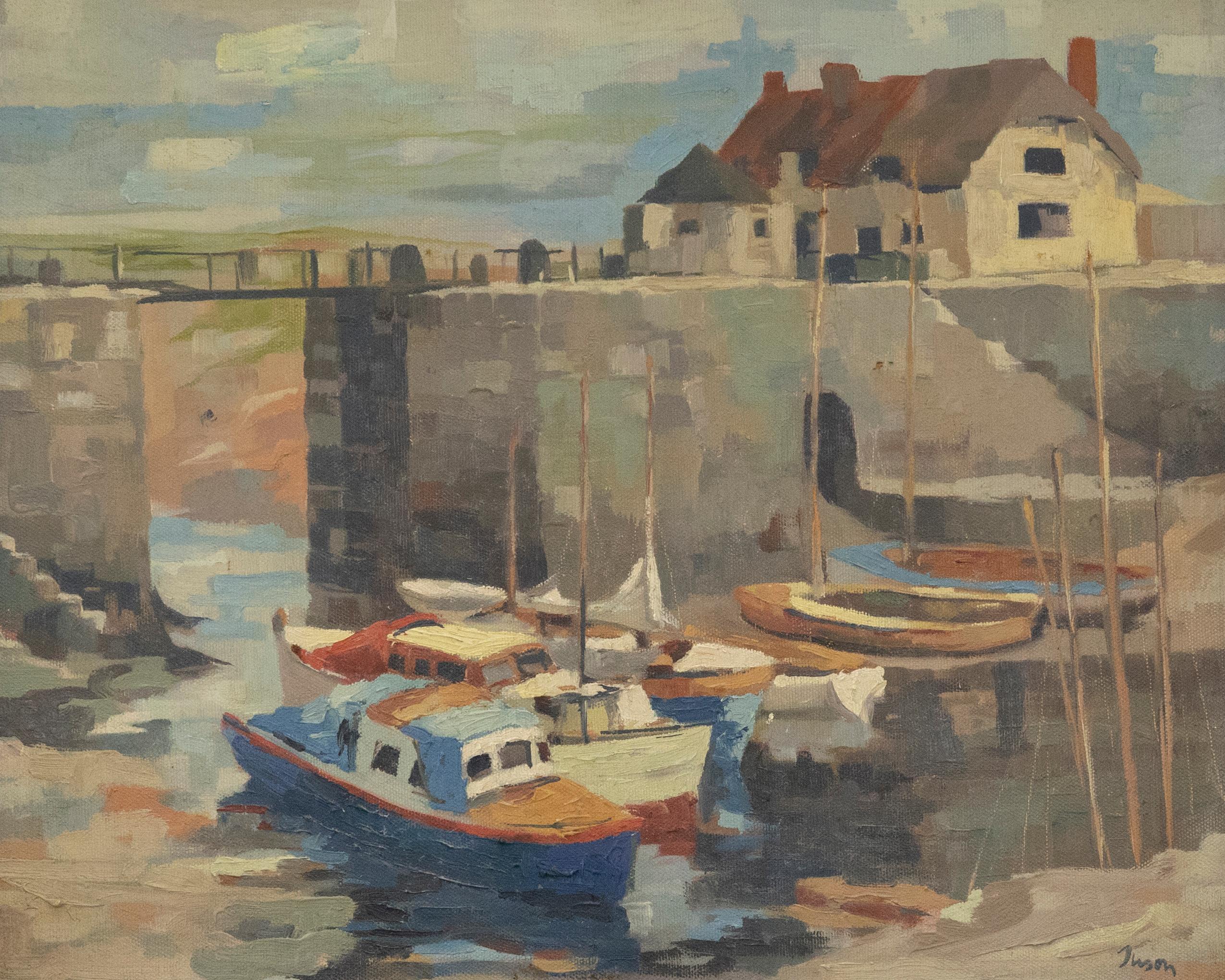 Tuson – Ölgemälde, The Harbour at Low Tide, Mitte des 20. Jahrhunderts – Painting von Unknown