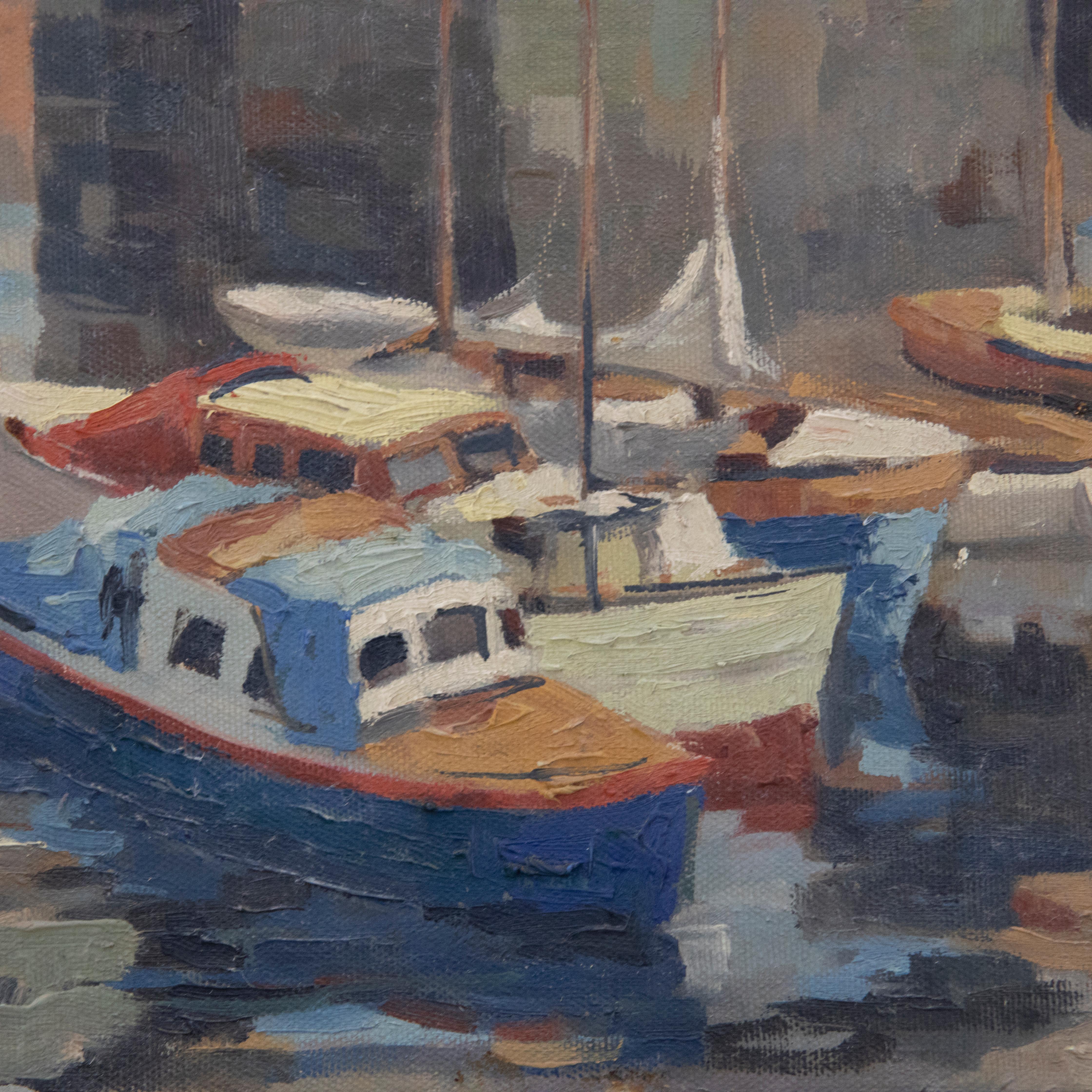A wonderful mid-century study of boats moored in a harbour. The low tide has revealed much of the old stone walls of the harbour. Wonderfully painted with areas of impasto and thick, expressive brushwork. Presented in a simple painted wood frame.