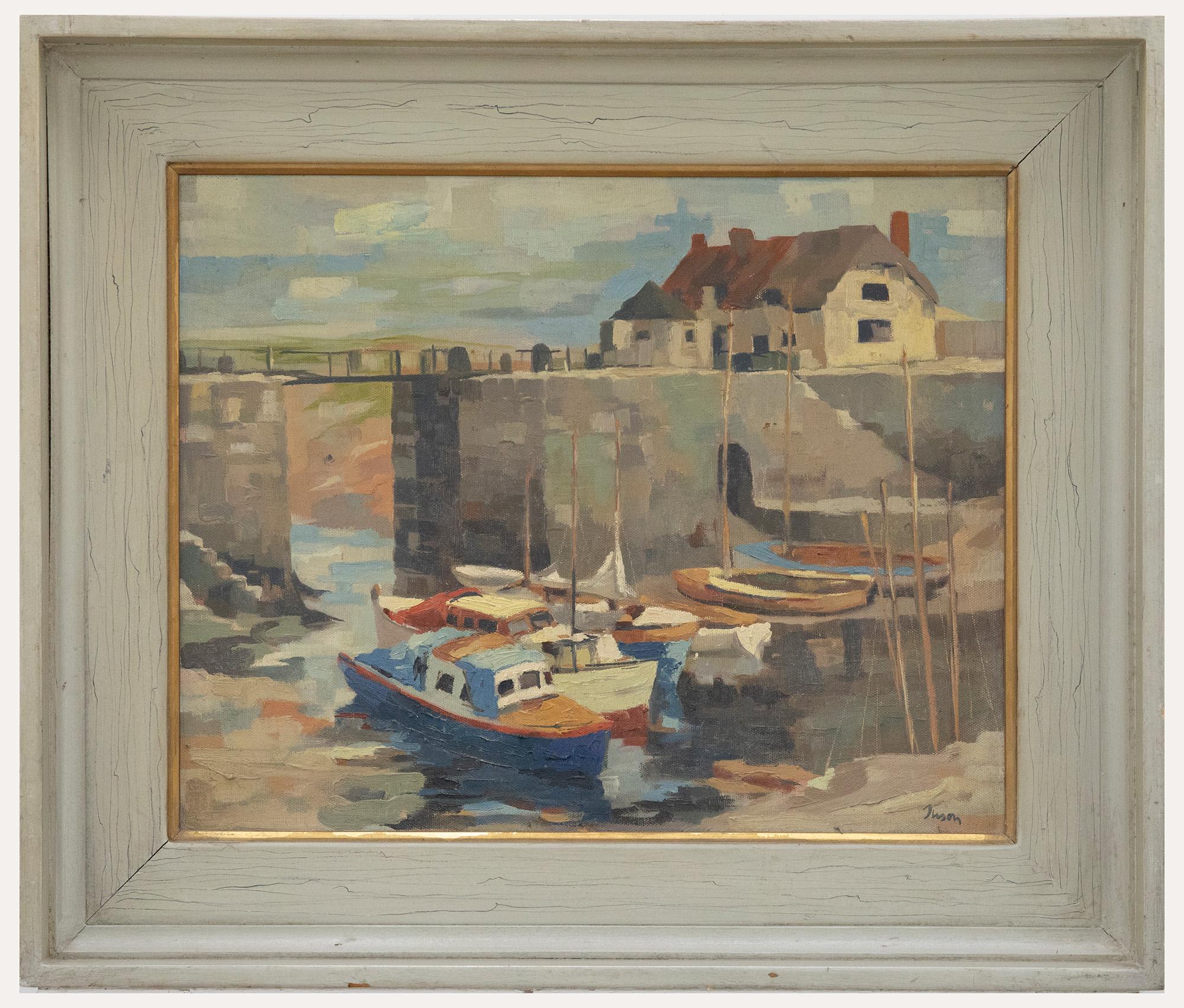 Unknown Figurative Painting - Tuson - Mid 20th Century Oil, The Harbour at Low Tide