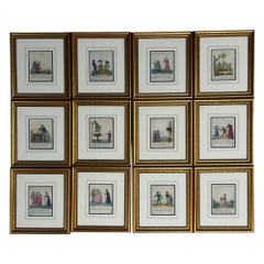 Twelve Copper Engravings, Hand Coloured, Gilt Frames, England, 1900s