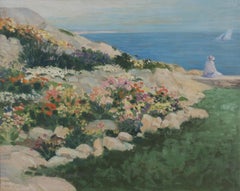 Zwanzigstes Jahrhundert Uferszene mit Blumen im Vordergrund